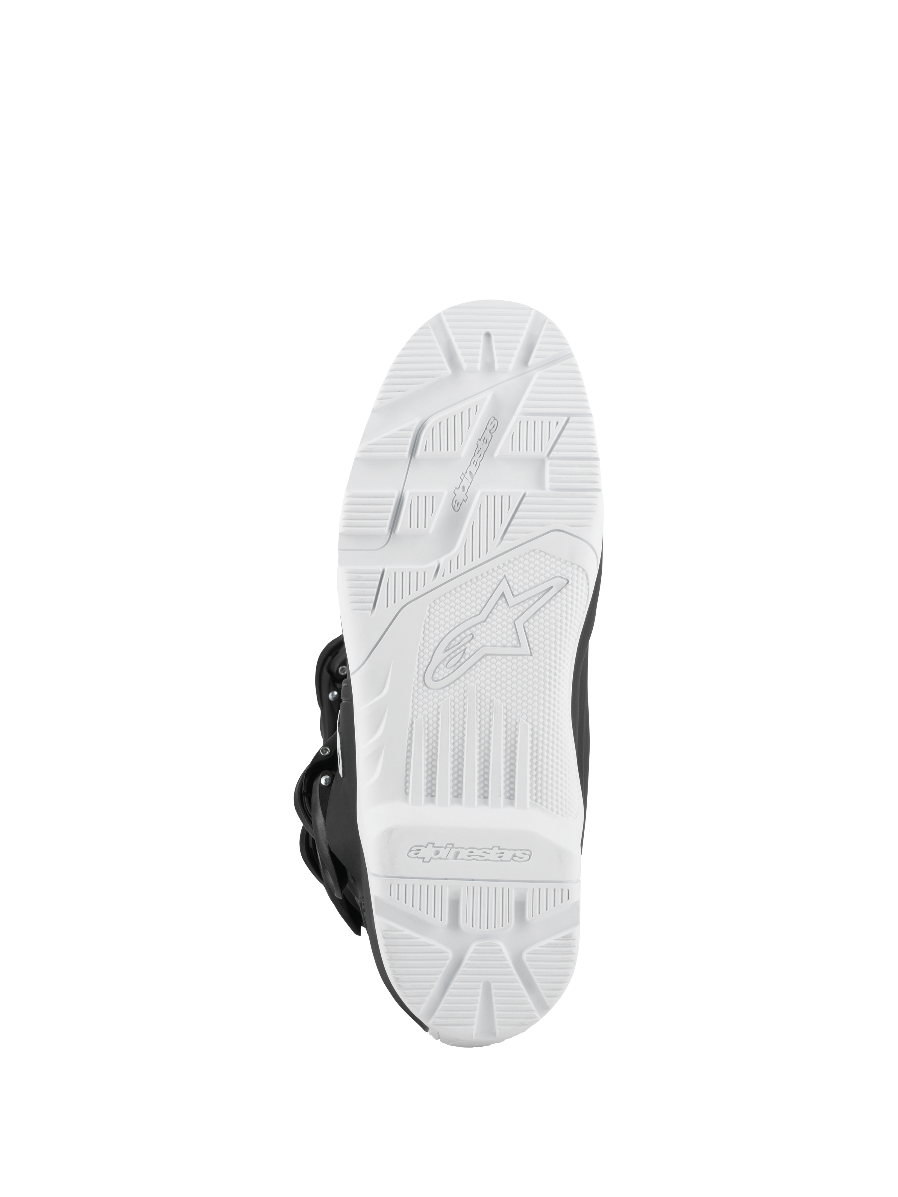 Alpinestars Tech 3 Enduro vattentäta stövlar, svarta och vita, vy underifrån av den vita greppvänliga profilerade sulan, terrängmönster med präglad logotyp, slitstark yttersula designad för motocross- och enduroprestanda.