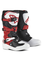 Alpinestars Youth Tech 3S-stövlar, motocross-stövlar, vit, svart och klar röd, stängningssystem med tre spännen, TPU-skenplatta med Alpinestars-logotyp, slitstark ovandel i mikrofiber och förstärkt fotskal för terrängprestanda
