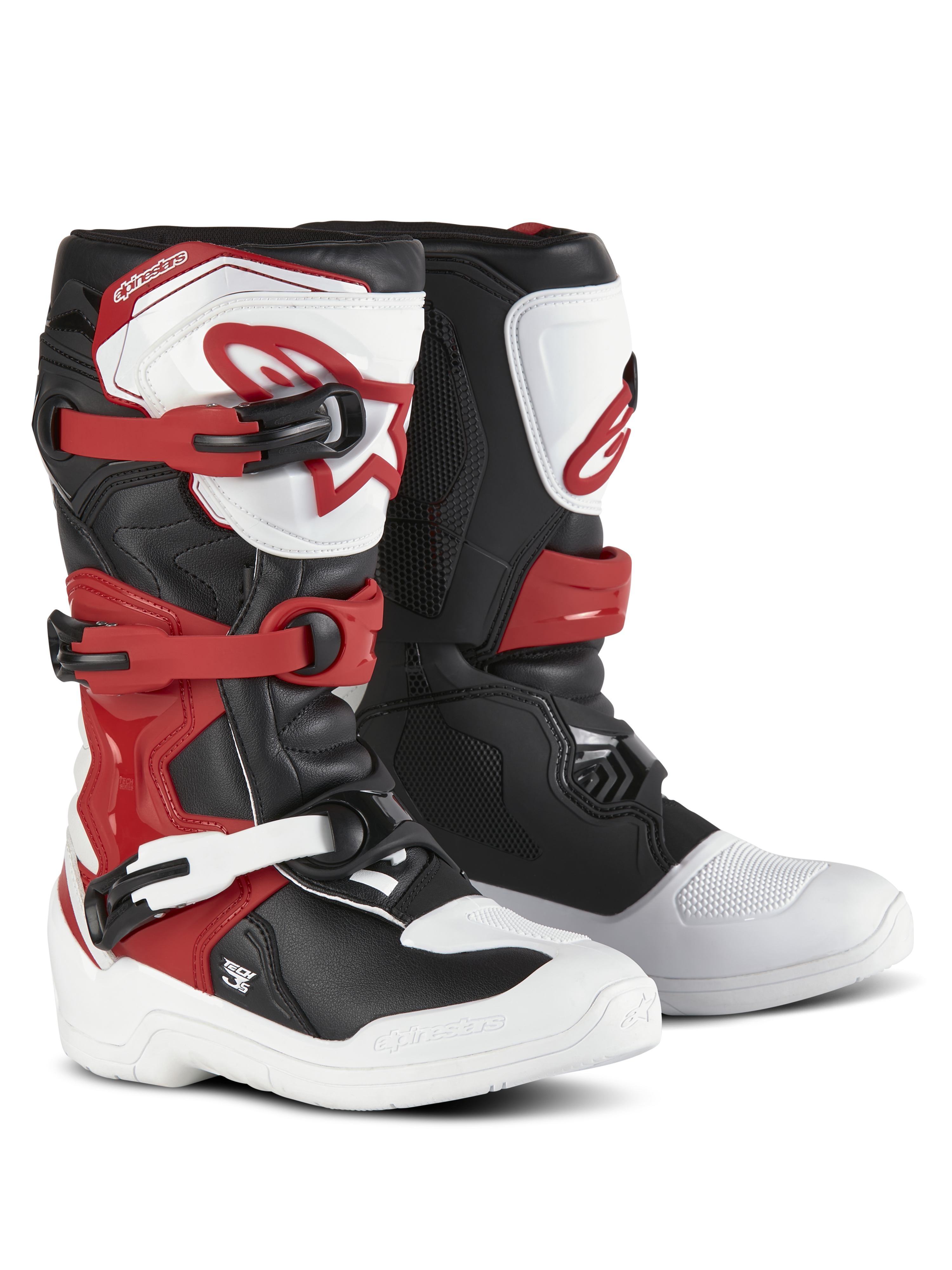 Alpinestars Youth Tech 3S-stövlar, motocross-stövlar, vit, svart och klar röd, stängningssystem med tre spännen, TPU-skenplatta med Alpinestars-logotyp, slitstark ovandel i mikrofiber och förstärkt fotskal för terrängprestanda