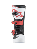 Alpinestars Youth Tech 3S stövlar, motocrossstövlar, vit, svart och klarröd, vy framifrån som visar TPU-skenplatta med röd logotyp, justerbara röda spännen och hållbar mikrofiberkonstruktion för juniorförare