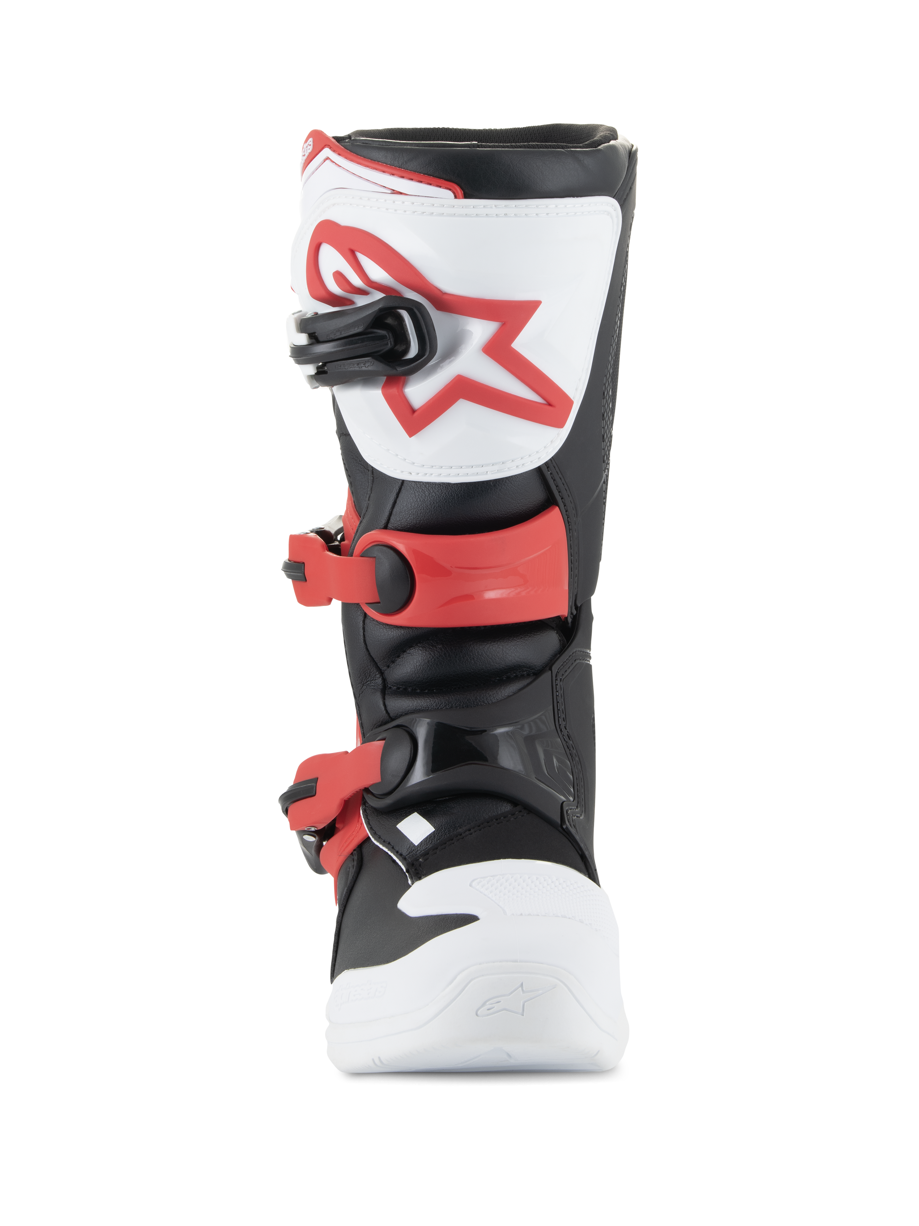 Alpinestars Youth Tech 3S stövlar, motocrossstövlar, vit, svart och klarröd, vy framifrån som visar TPU-skenplatta med röd logotyp, justerbara röda spännen och hållbar mikrofiberkonstruktion för juniorförare