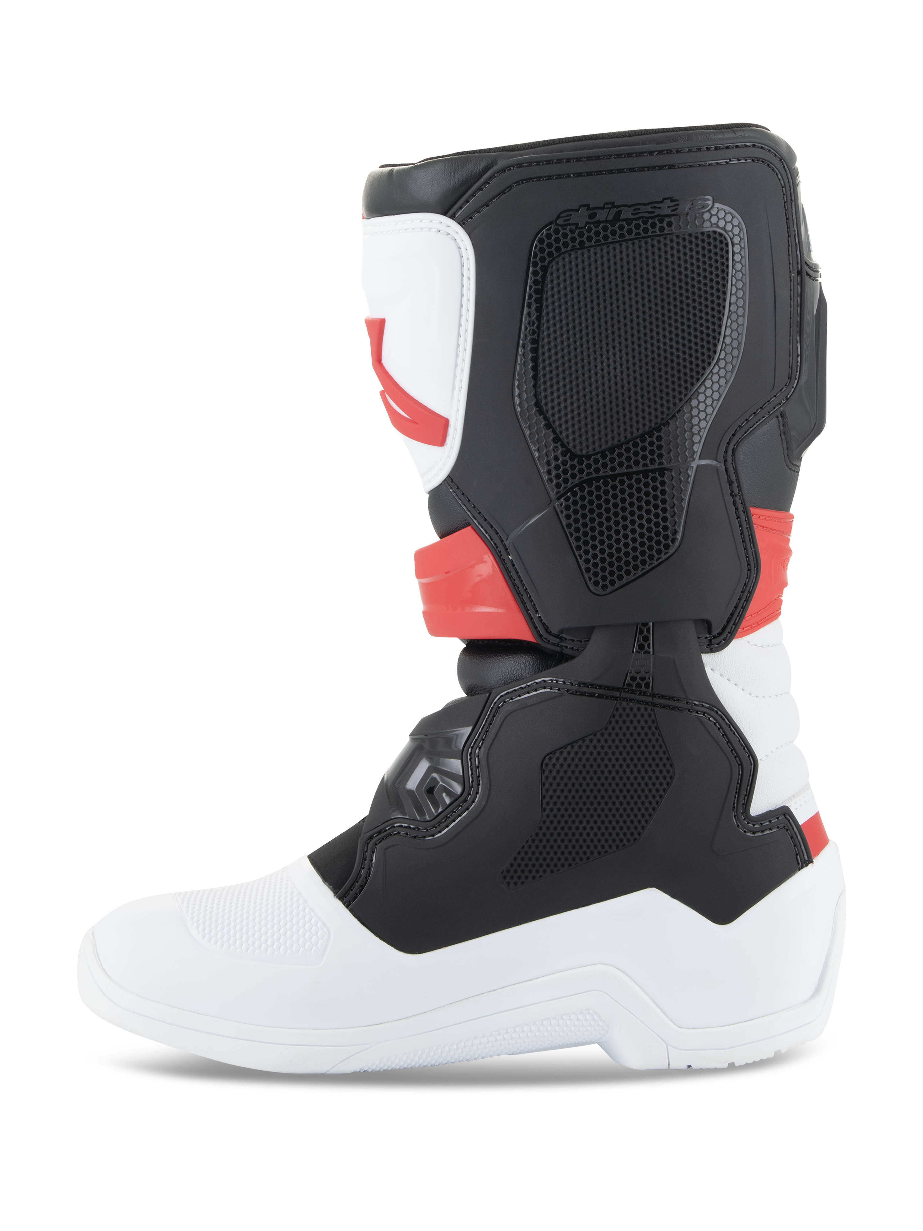 Alpinestars Youth Tech 3S stövlar, motocross-stövlar, vit, svart och klarröd, profilvy från sidan, med hållbara TPU-skyddspaneler och ovandel i mikrofiber, vit sula och tå med svart vadparti och klarröda detaljer, skyddande terrängskodon för unga förare