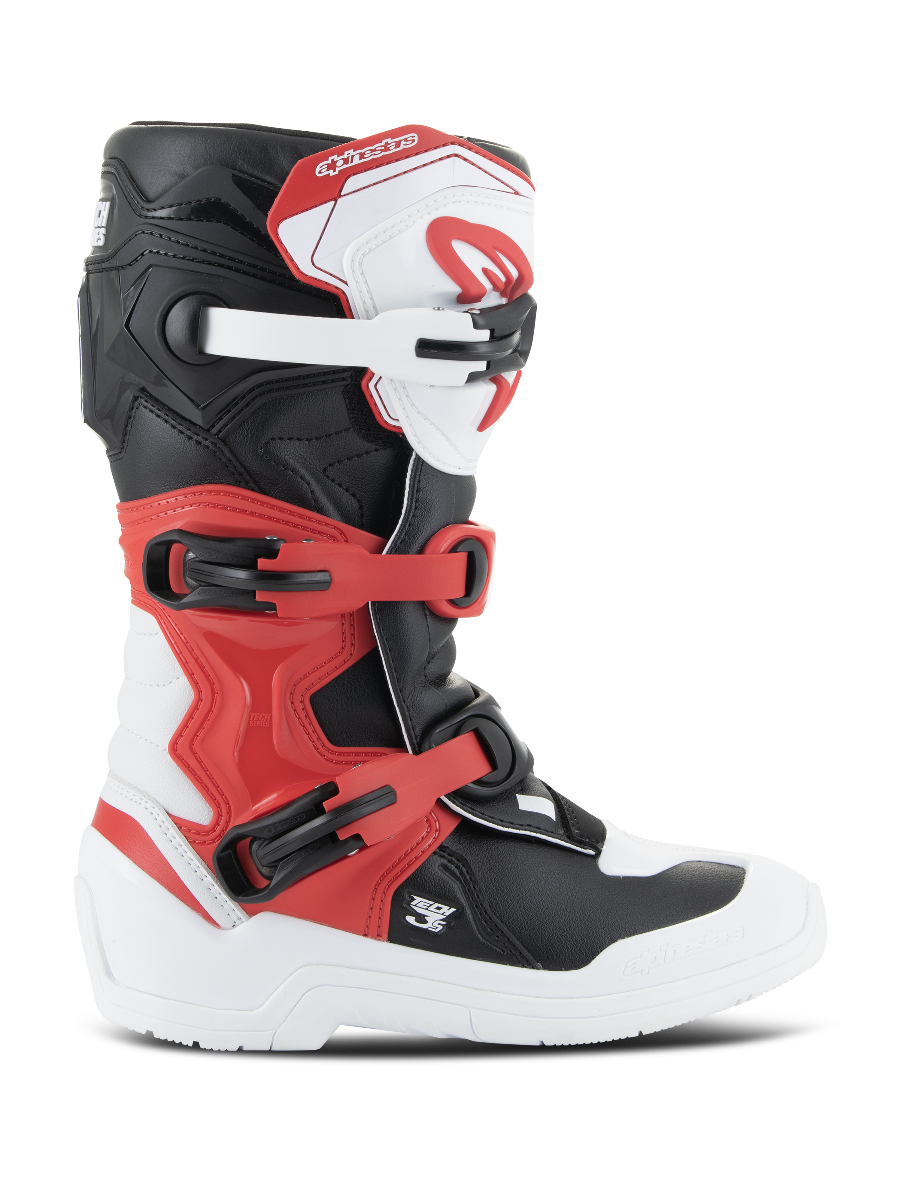 Alpinestars Youth Tech 3S-stövlar, motocross-stövlar, vit, svart och klarröd, sidoprofil, med ett stängningssystem med flera spännen, förstärkt skenbensplatta och slitstark vit sula, skyddsutrustning för juniorer inom terrängkörning