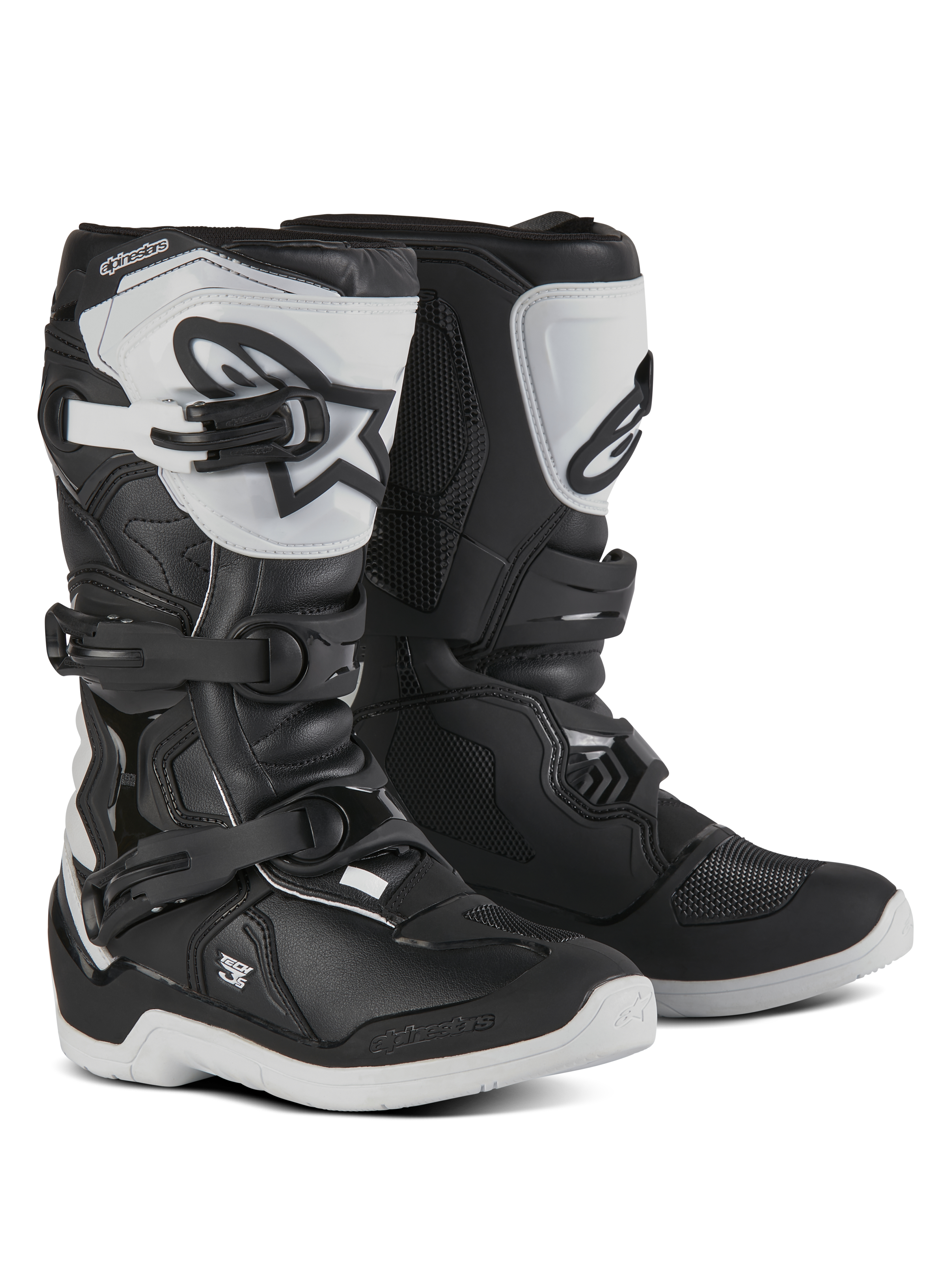 Alpinestars Youth Tech 3S stövlar, motocross-stövlar för unga förare, svarta och vita, med tre justerbara spännen, vit TPU-skenplatta med Alpinestars-logotyp, förstärkt hårdskalsskydd och en robust vit mönstrad sula, racingdesign för terrängkörning