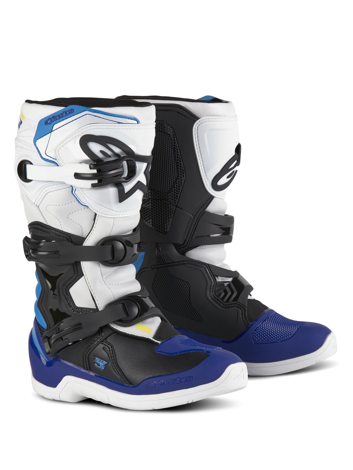 Alpinestars Youth Tech 3S stövlar, motocross-stövlar, vit, svart och emaljblå, med ett stängningssystem med flera spännen, texturerade greppzoner och vita sulor, slitstarka skyddande motorcykelstövlar för unga förare