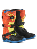 Alpinestars Youth Tech 3S stövlar, motocross-stövlar för barn, neonorange, emaljblå och neongul, blå sulor, stängningssystem med tre spännen, skyddande TPU-skenbensplattor, terrängutrustning