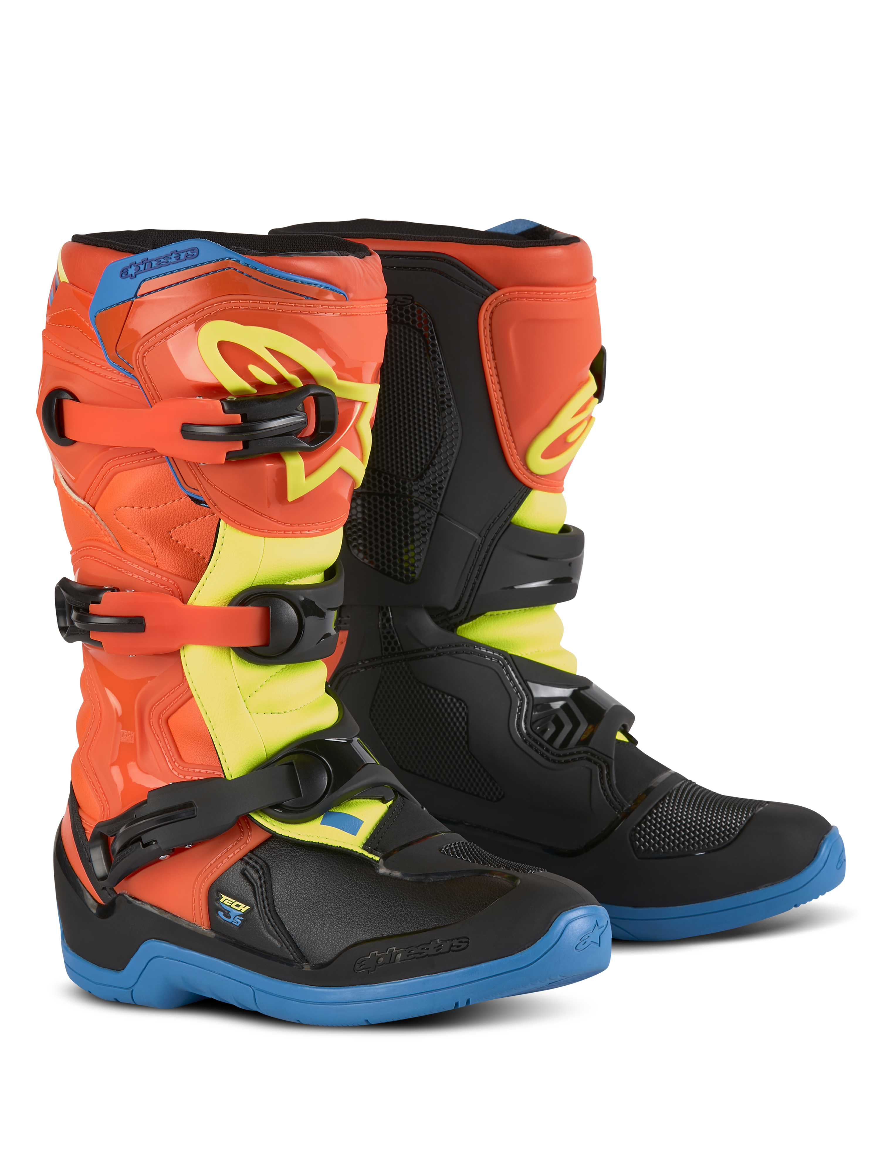 Alpinestars Youth Tech 3S stövlar, motocross-stövlar för barn, neonorange, emaljblå och neongul, blå sulor, stängningssystem med tre spännen, skyddande TPU-skenbensplattor, terrängutrustning