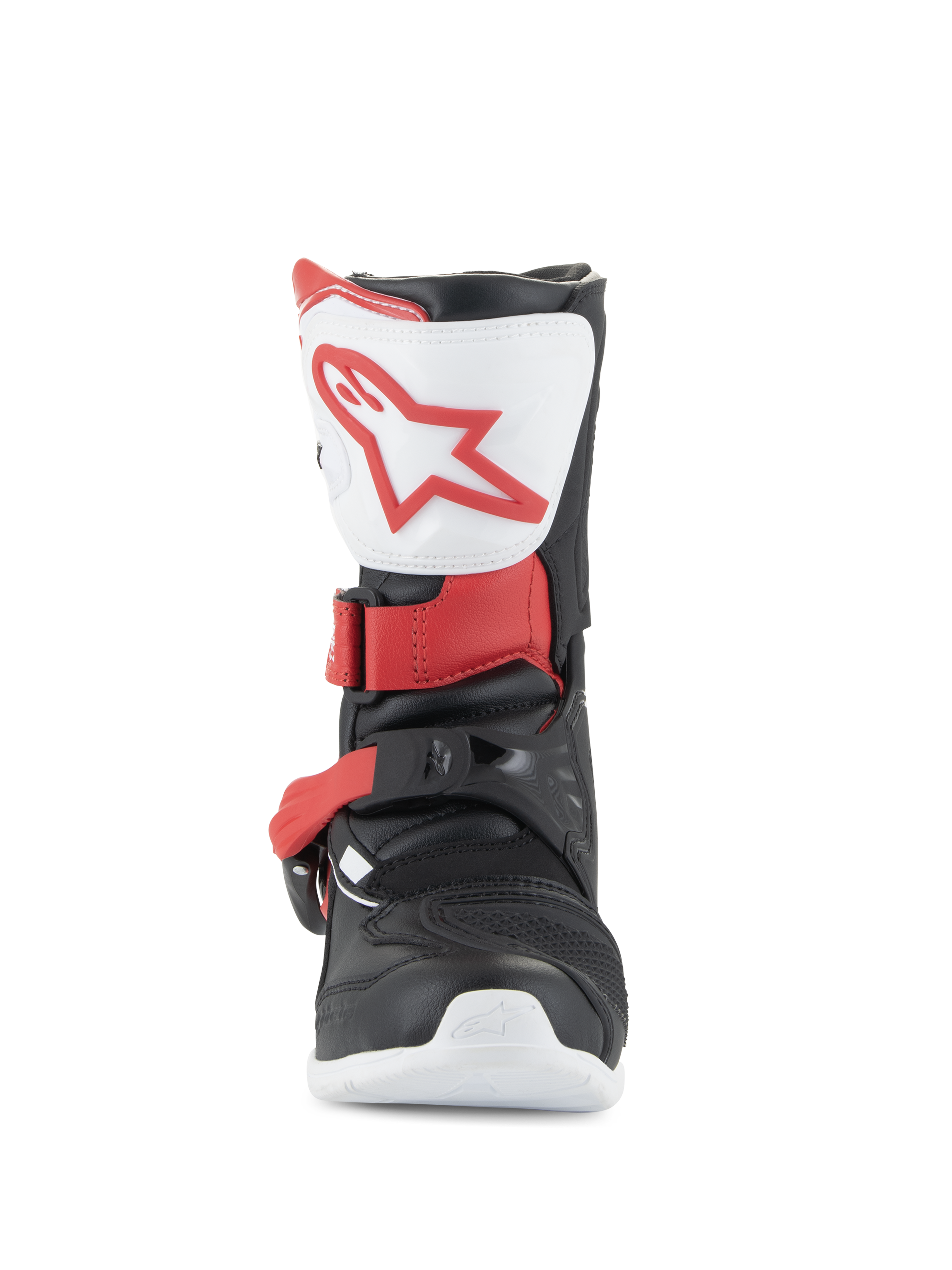 Alpinestars Kids Tech 3S-stövlar, motocross-stövlar, vit, svart och klarröd, vy framifrån som visar vit skenbensplatta med röd logotyp, svart chassi med röda spännen, skyddande offroad-stövlar för unga förare