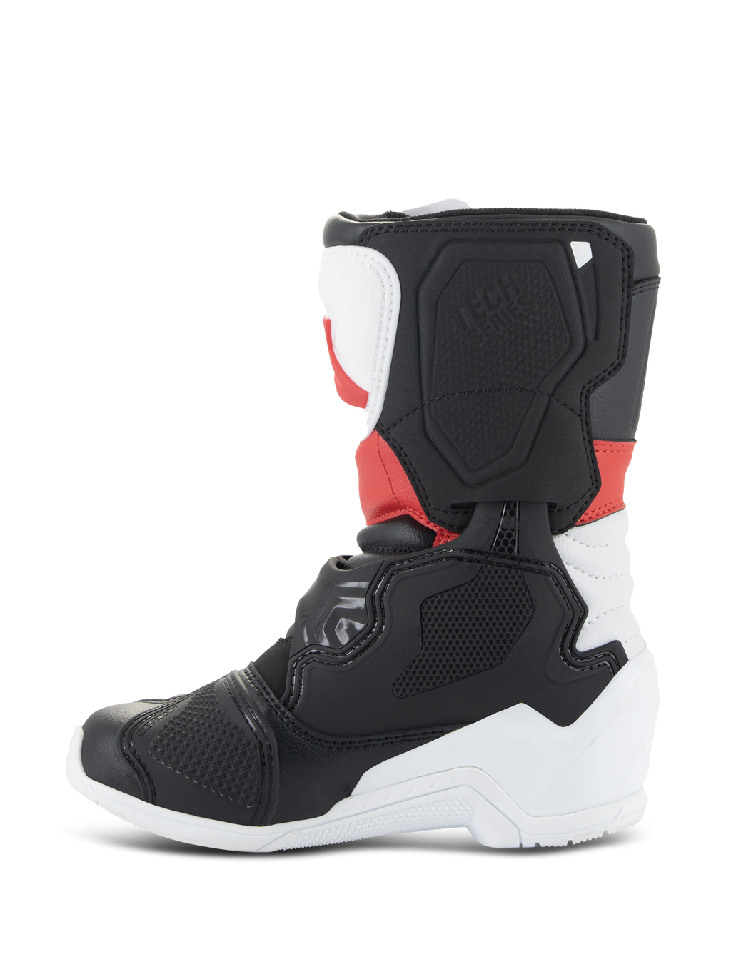 Alpinestars Kids Tech 3S-stövlar, motocross-stövlar, vita, svarta och klarröda, sidoprofilvy med skyddande TPU-paneler, förstärkt tå och häl samt texturerad lateral bladdesign för terrängkörning