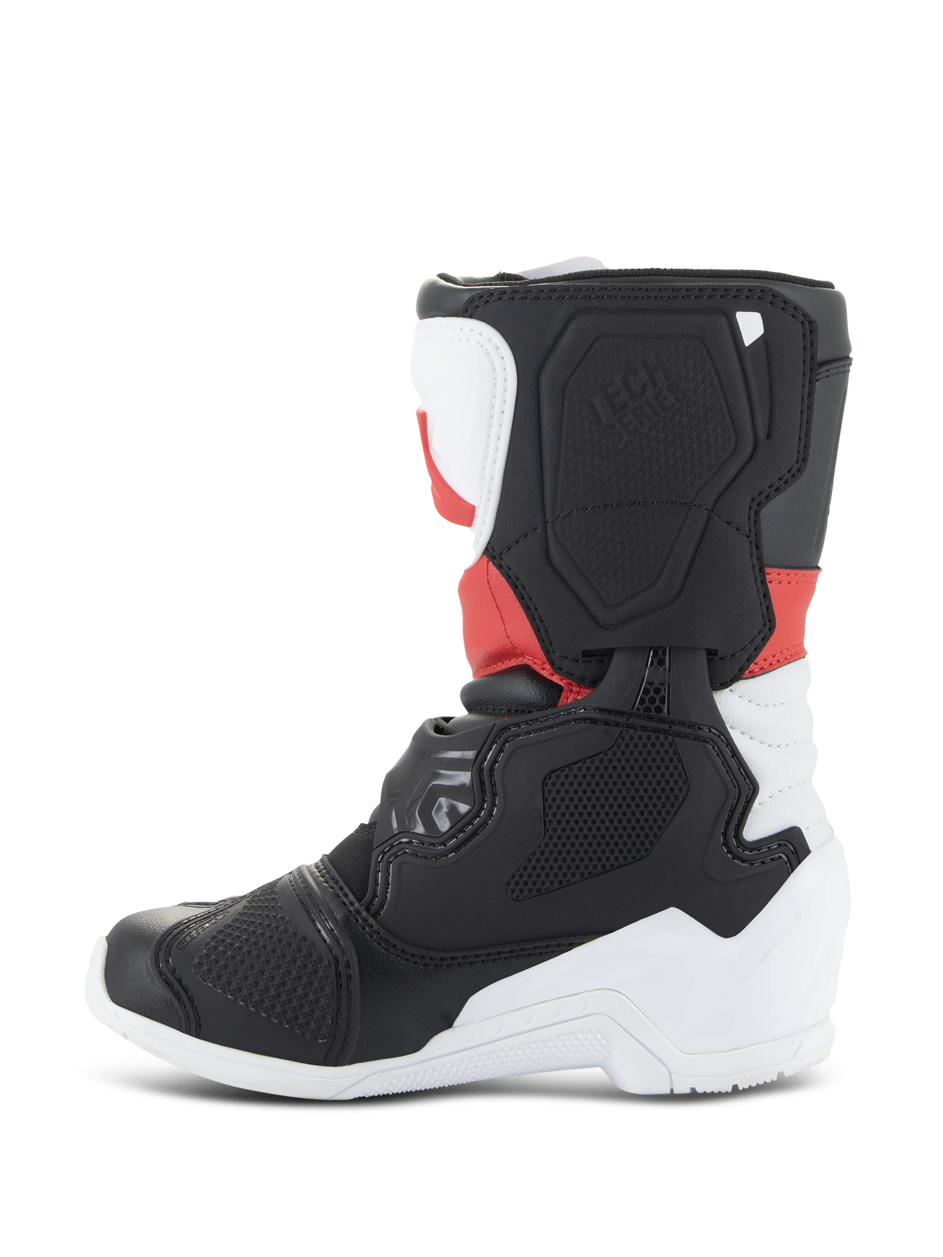 Alpinestars Kids Tech 3S-stövlar, motocross-stövlar, vita, svarta och klarröda, sidoprofilvy med skyddande TPU-paneler, förstärkt tå och häl samt texturerad lateral bladdesign för terrängkörning