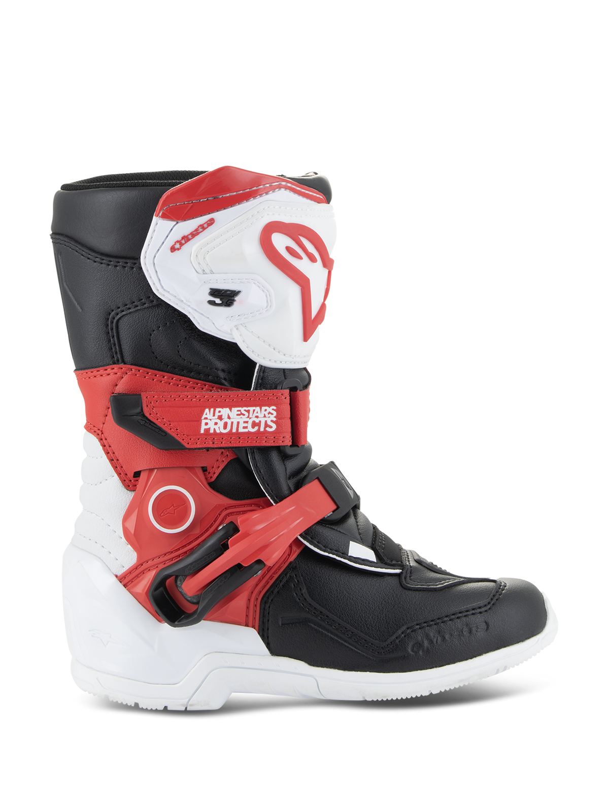 Alpinestars Kids Tech 3S Boots, Youth Motocross Boots, White Black and Bright Red, featuring a high-ankle protective design, adjustable red straps, white shin plate with red logo, and a durable white outsole.