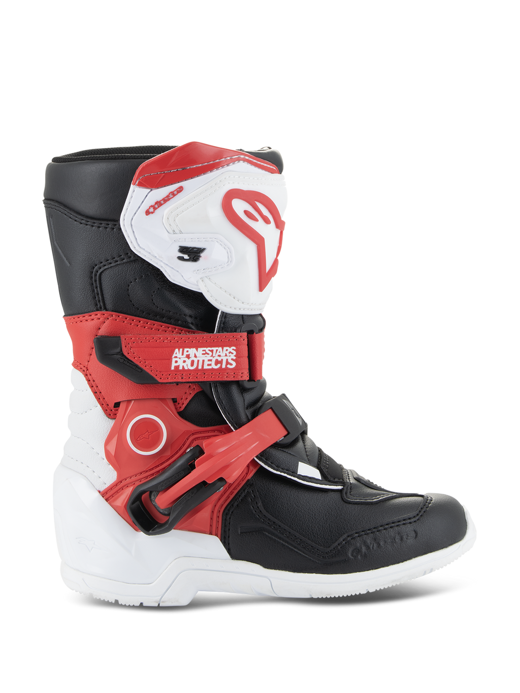 Alpinestars Kids Tech 3S-stövlar, motocross-stövlar för barn, vit, svart och klarröd, med hög skyddande ankeldesign, justerbara röda remmar, vit skenbensplatta med röd logotyp och en slitstark vit yttersula
