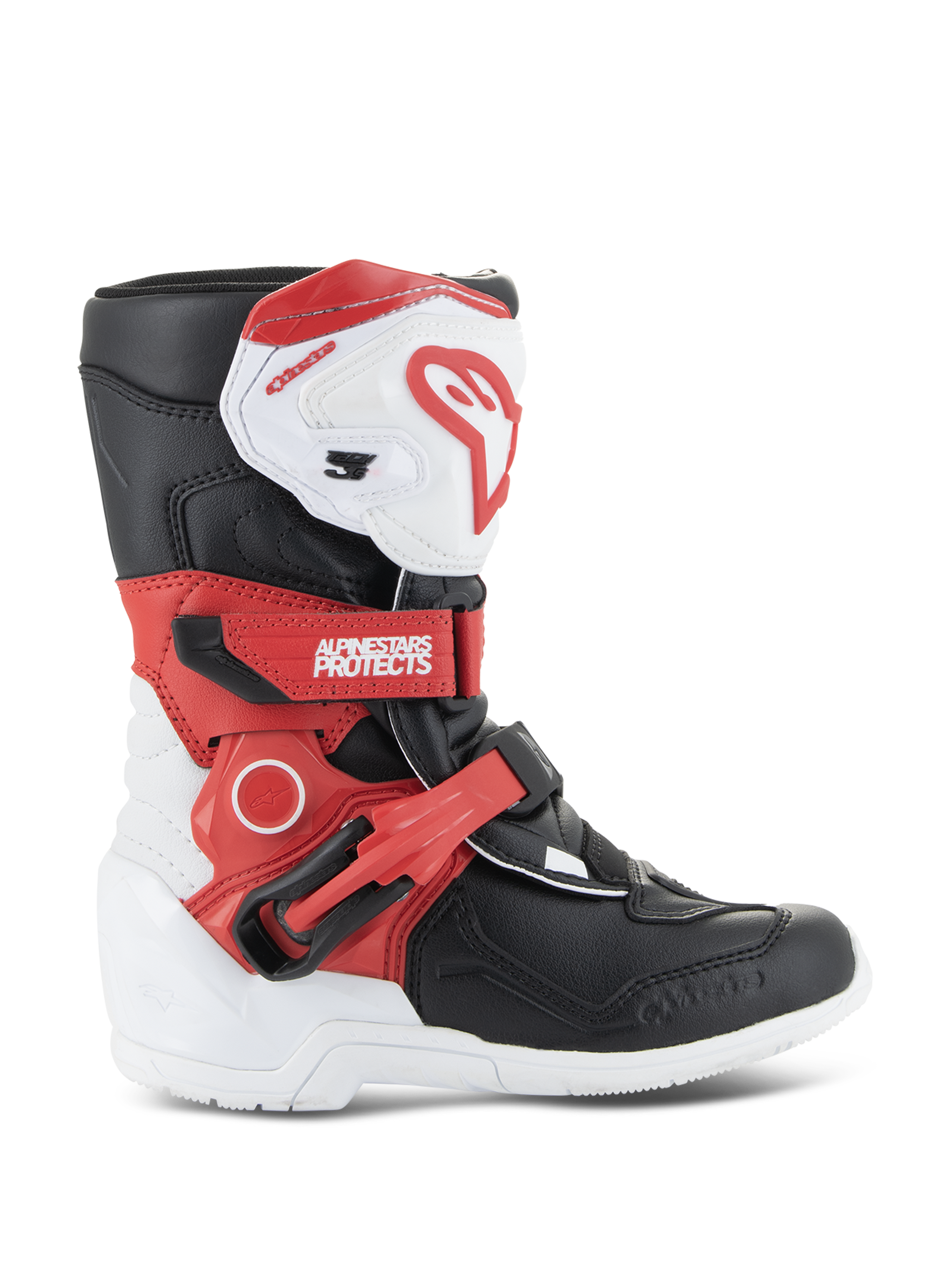 Alpinestars Kids Tech 3S-stövlar, motocross-stövlar för barn, vit, svart och klarröd, med hög skyddande ankeldesign, justerbara röda remmar, vit skenbensplatta med röd logotyp och en slitstark vit yttersula