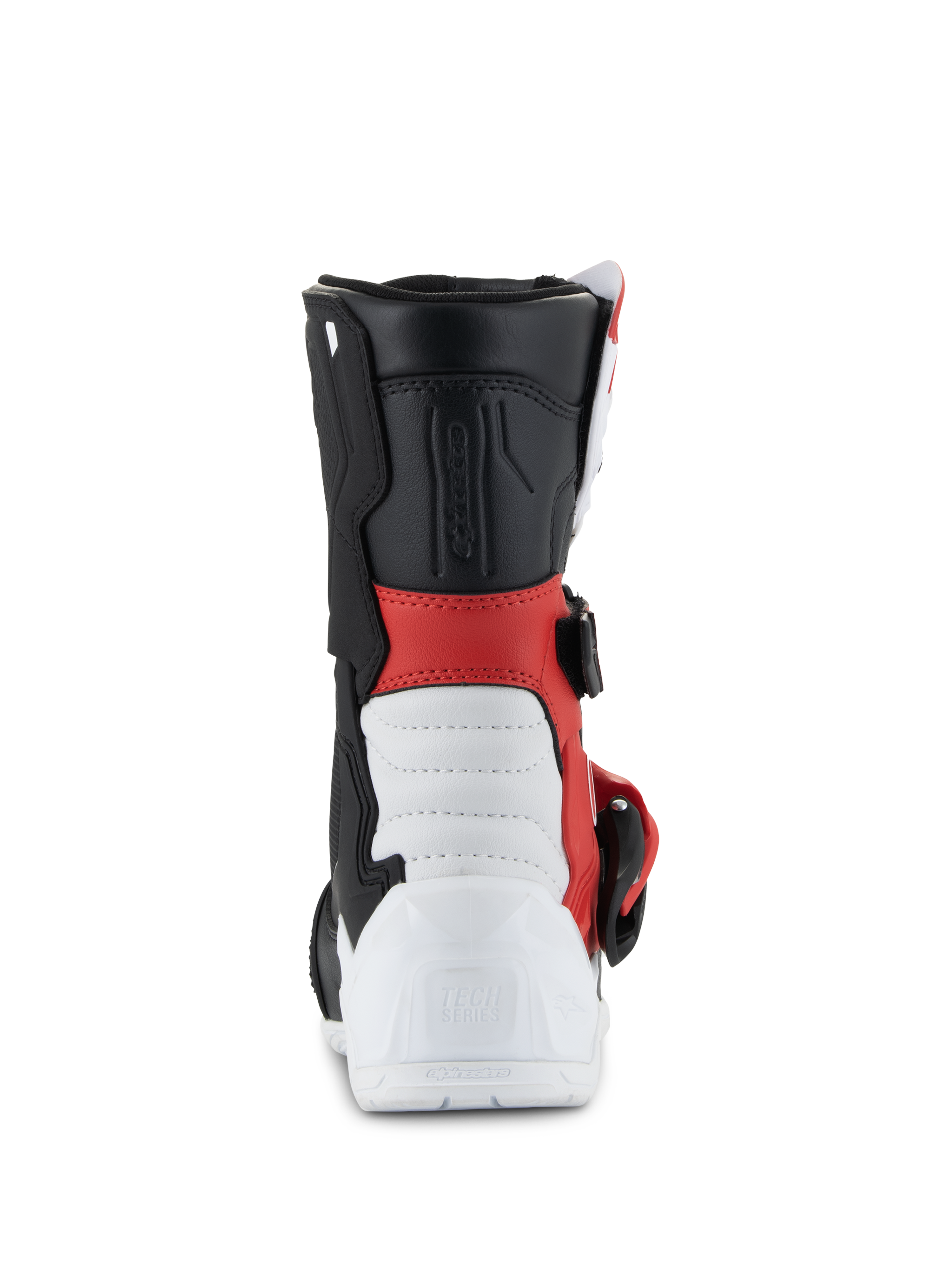 Alpinestars Kids Tech 3S-stövlar, motocross-stövlar, vit, svart och klarröd, vy bakifrån med vit förstärkt häl med präglad Tech Series-logotyp, röd mittdel, svart övre krage och detalj med sidospänne, skyddande terrängskor