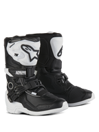 Alpinestars Kids Tech 3S Boots, Motocross Boots, Black and White, featuring white TPU shin plates with black Alpinestars logos, adjustable buckle and hook-and-loop closures, durable rubber outsoles for youth off-road protection.