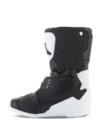 Alpinestars Kids Tech 3S Boots, Motocross Boots, White and Black, side profile view highlighting protective TPU plates, sturdy microfiber construction, and multi-panel design for young dirt bike riders.