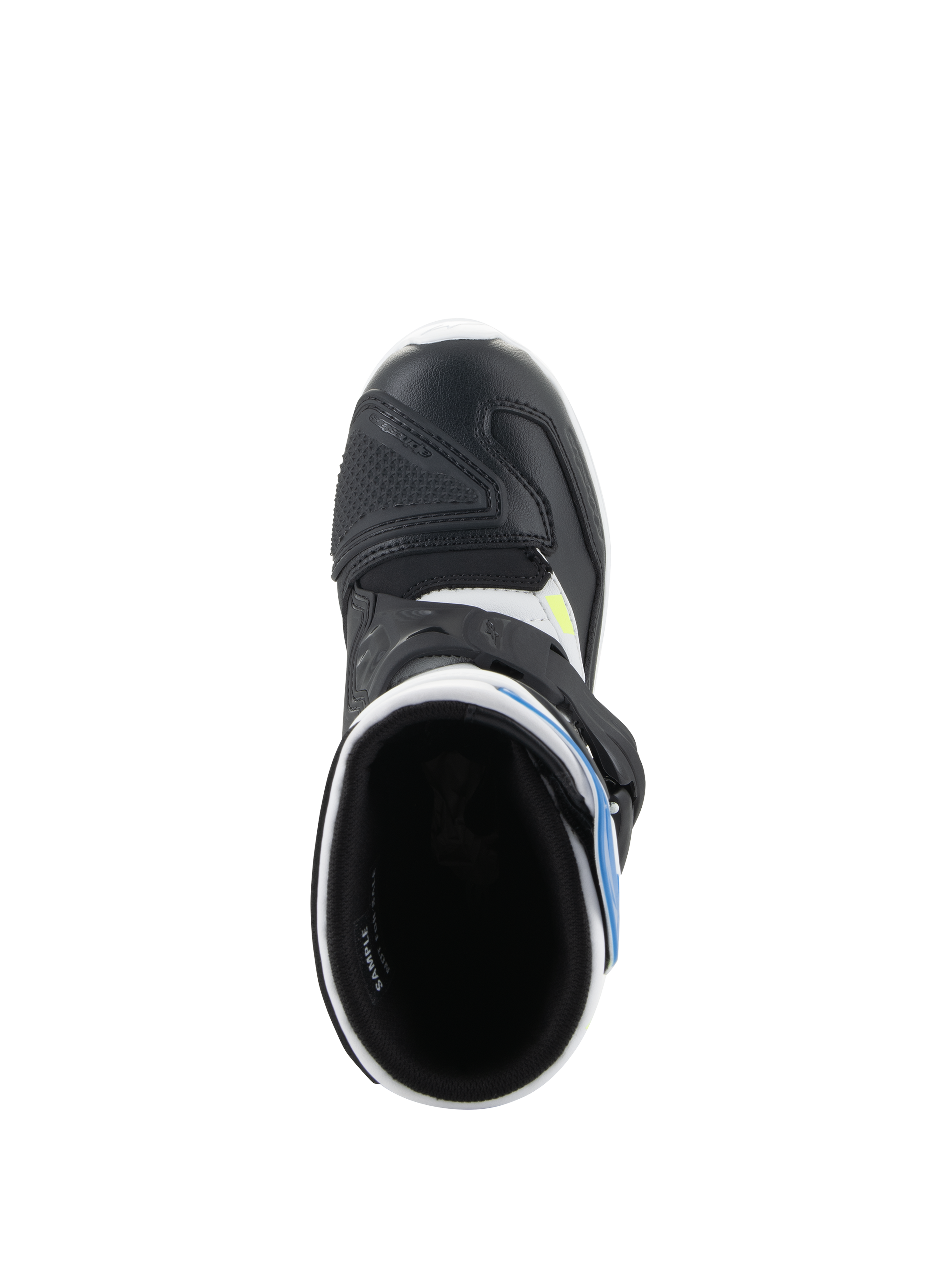 Alpinestars Kids Tech 3S Boots, Motocross Boots, White Black and Enamel Blue, top-down view showing the boot interior, black microfiber toe box with protective reinforcement, and blue accents, off-road riding footwear