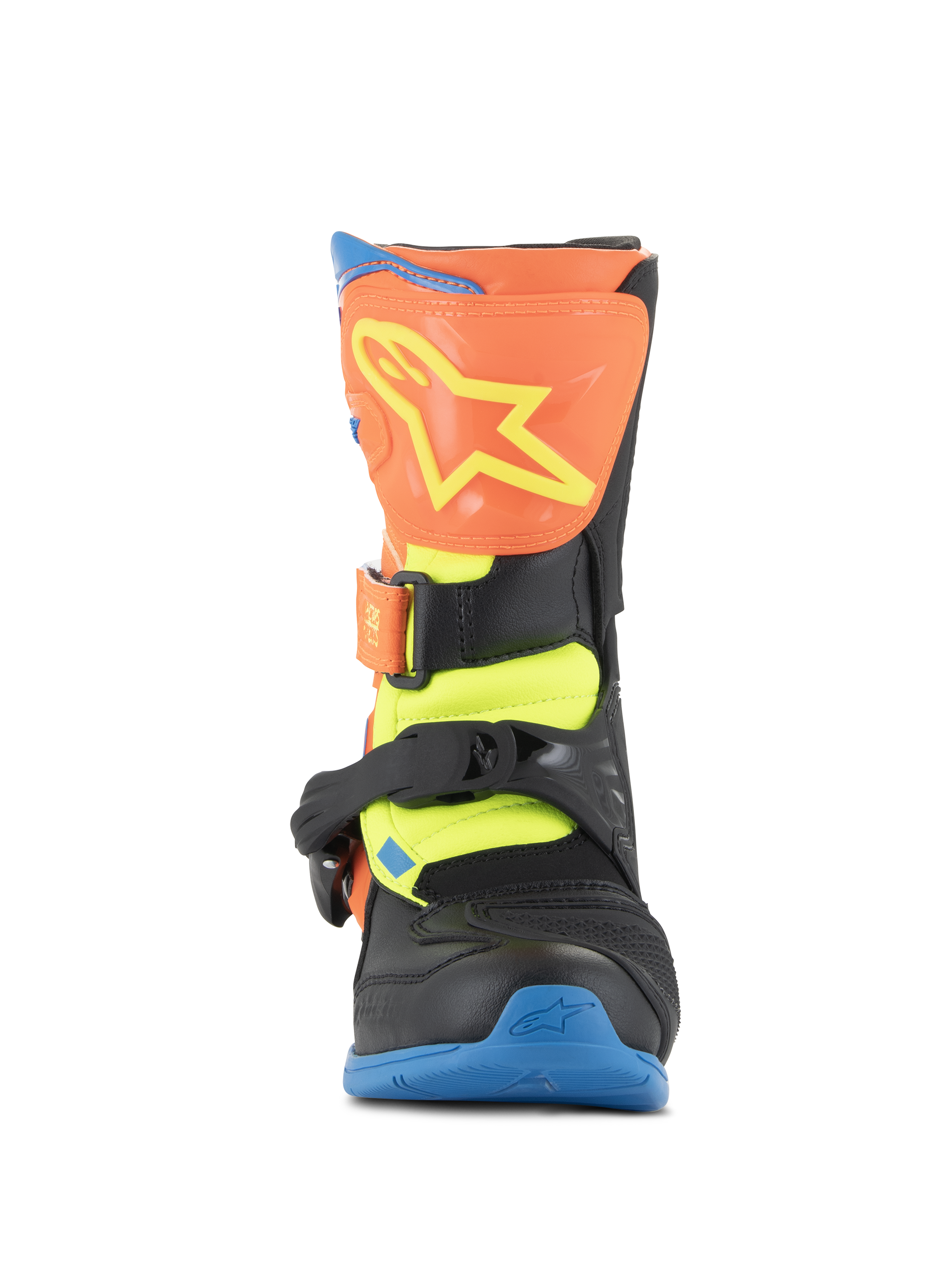 Alpinestars Kids Tech 3S Boots, Motocross Boots, Orange Fluo, Enamel Blue, and Yellow Fluo, front view featuring an orange shin plate with a yellow star logo, black buckle closures, and a blue sole, protective off-road footwear for youth riders