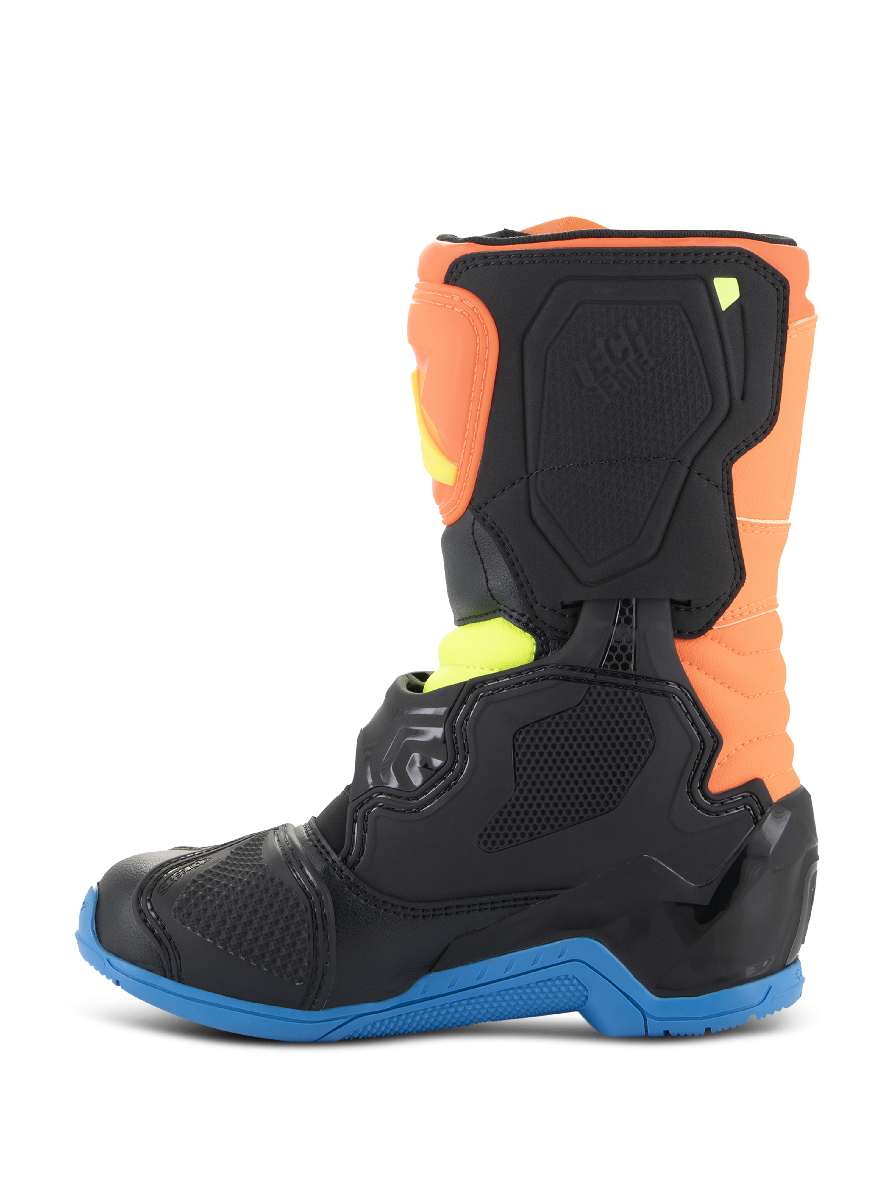 Alpinestars Kids Tech 3S Boots, Motocross Boots, Orange Fluo, Enamel Blue, and Yellow Fluo, side profile view featuring black protective panels, a blue sole, and orange upper, designed for youth off-road racing