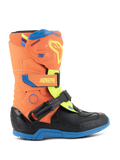Alpinestars Kids Tech 3S Boots, Youth Motocross Boots, Orange Fluo, Enamel Blue, and Yellow Fluo, featuring a protective TPU shin plate, adjustable hook and loop straps, and a durable blue rubber sole, designed for off-road racing.