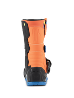 Alpinestars Kids Tech 3S Boots, Youth Motocross Boots, Orange Fluo and Enamel Blue, rear view showing the orange calf panel, black heel protector, and blue rubber outsole.