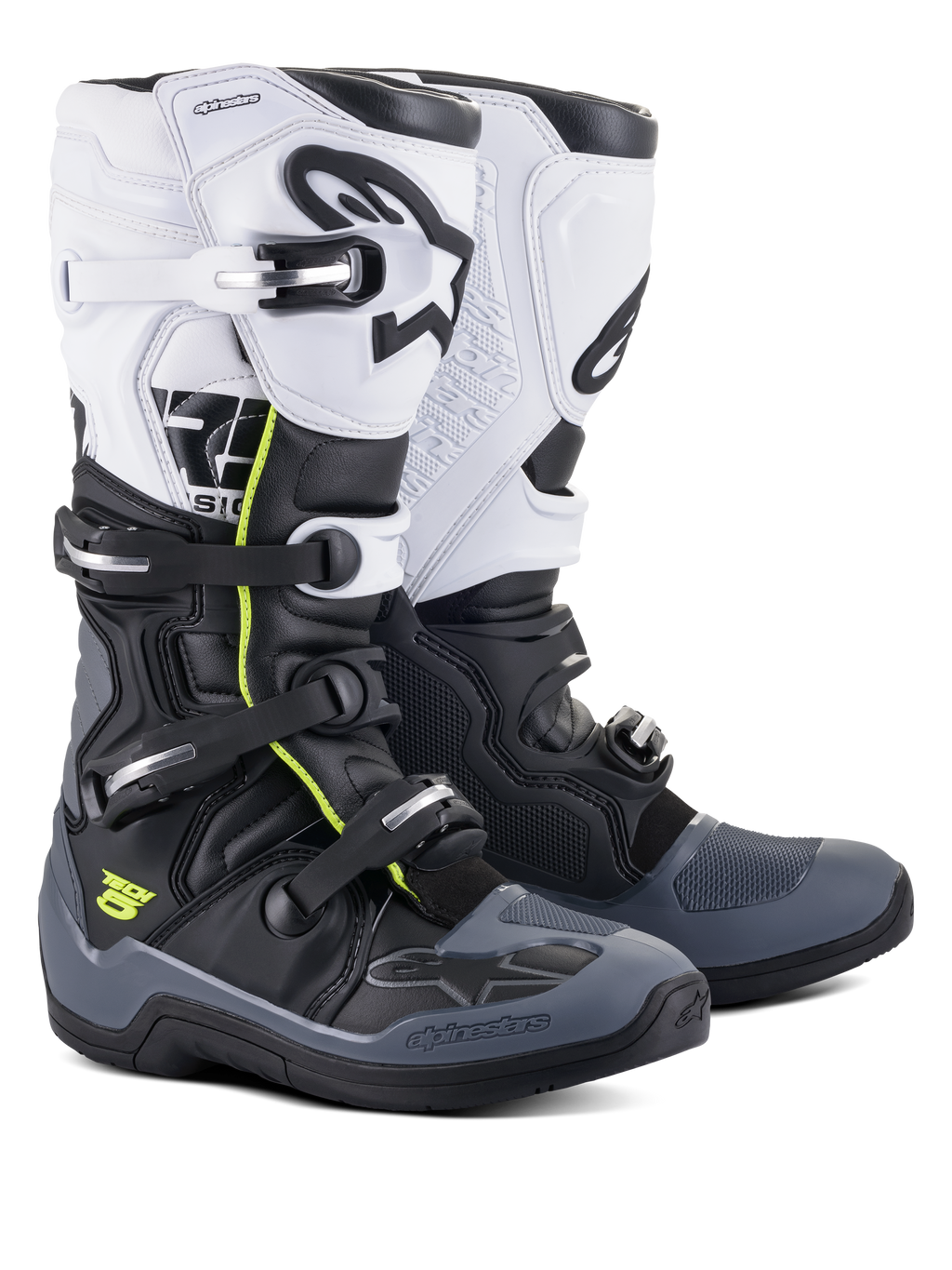 Alpinestars Tech 5 stövlar, motocross- och offroadstövlar, svarta, mörkgrå och vita med neongula detaljer, stängningssystem med fyra spännen, vit övre panel med svart Astars-logotyp, mörkgrått tå- och hälskydd, hållbar mikrofiberkonstruktion