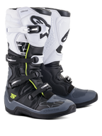 Alpinestars Tech 5 stövlar, motocross- och offroadstövlar, svarta, mörkgrå och vita med neongula detaljer, stängningssystem med fyra spännen, vit övre panel med svart Astars-logotyp, mörkgrått tå- och hälskydd, hållbar mikrofiberkonstruktion