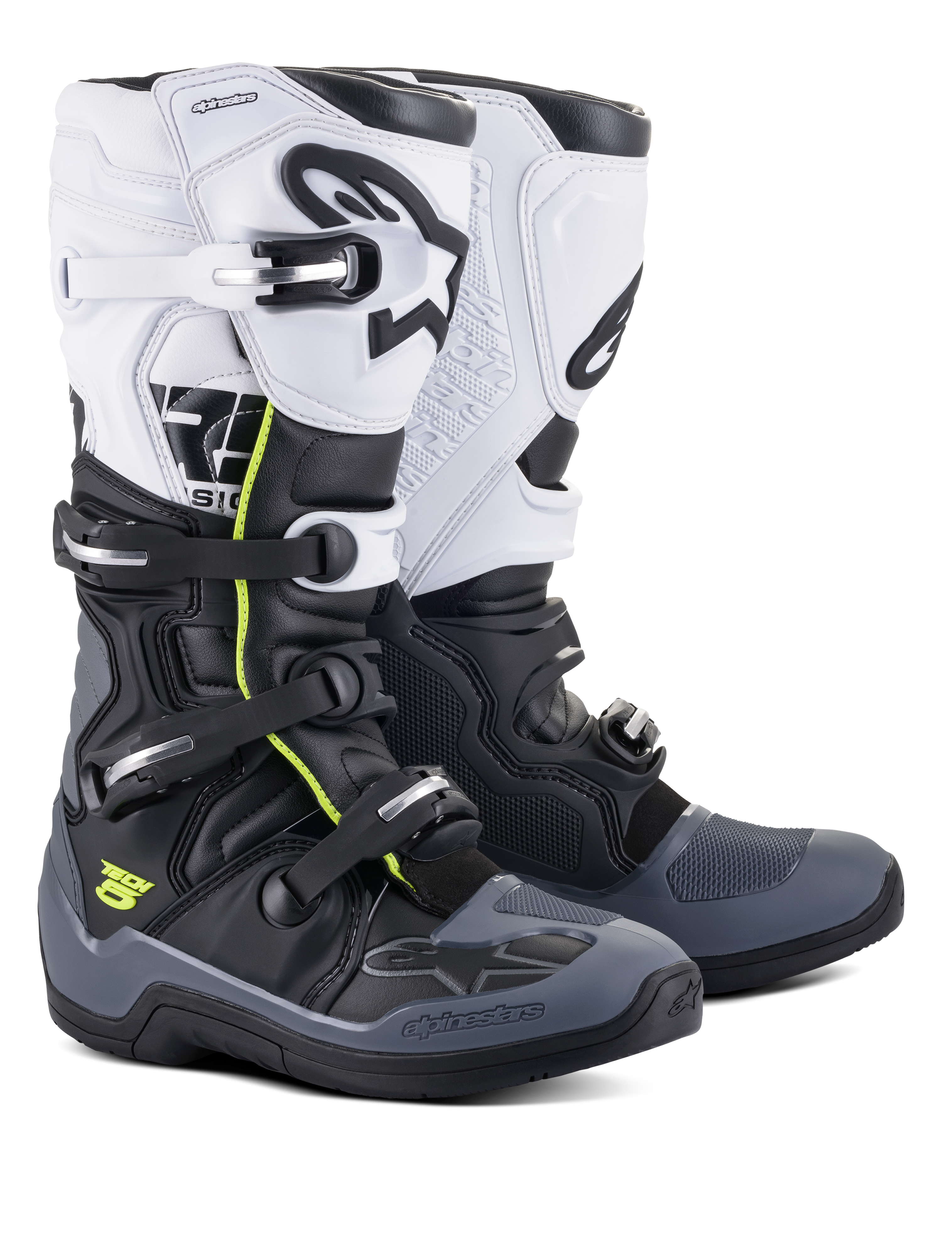 Alpinestars Tech 5 stövlar, motocross- och offroadstövlar, svarta, mörkgrå och vita med neongula detaljer, stängningssystem med fyra spännen, vit övre panel med svart Astars-logotyp, mörkgrått tå- och hälskydd, hållbar mikrofiberkonstruktion