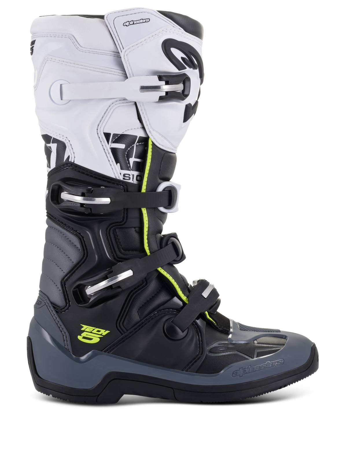 Alpinestars Tech 5-stövlar, motocross-racingstövlar, vita, svarta och mörkgrå med neongula detaljer, stängningssystem med fyra spännen, förstärkta skyddspaneler och biomekaniskt pivotsystem, premium mikrofiberkonstruktion för terrängprestanda