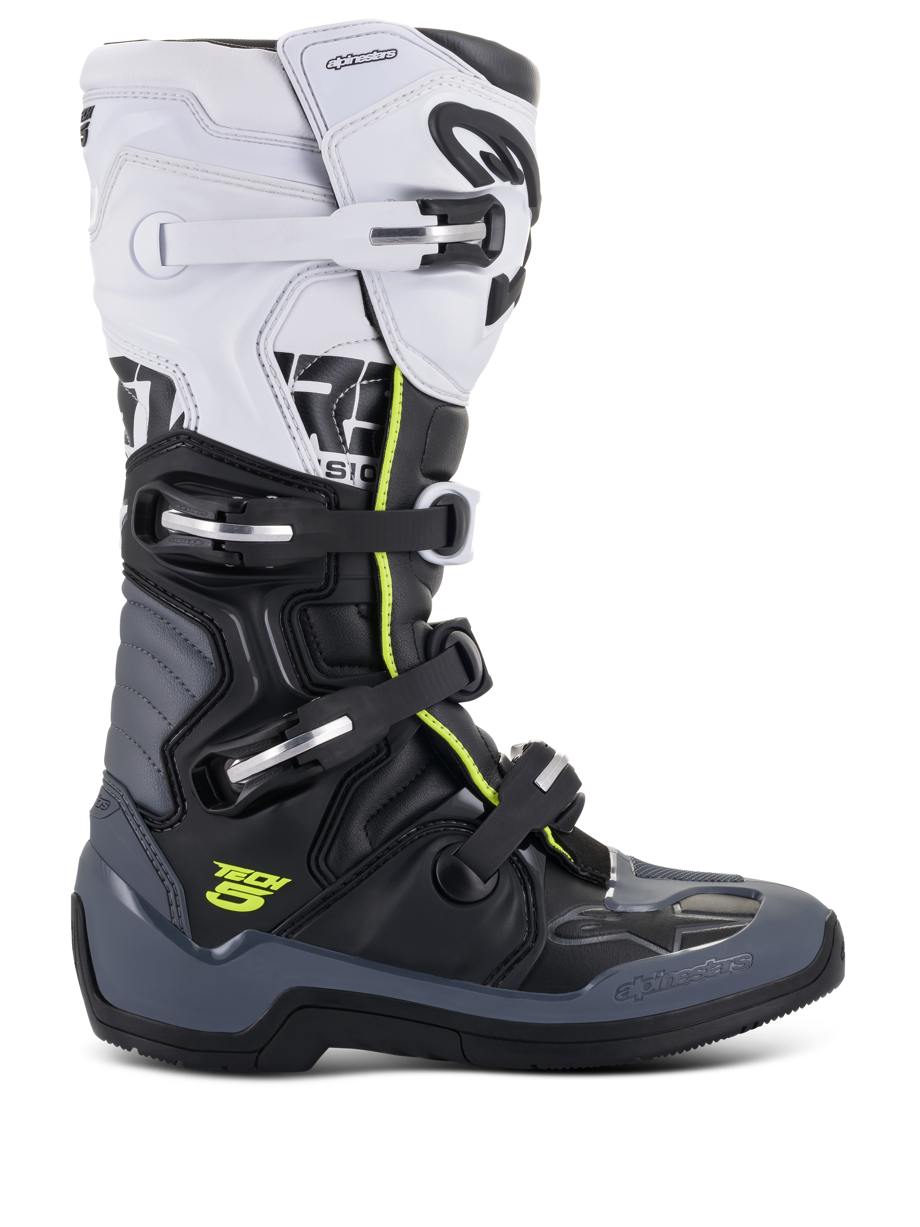 Alpinestars Tech 5-stövlar, motocross-racingstövlar, vita, svarta och mörkgrå med neongula detaljer, stängningssystem med fyra spännen, förstärkta skyddspaneler och biomekaniskt pivotsystem, premium mikrofiberkonstruktion för terrängprestanda