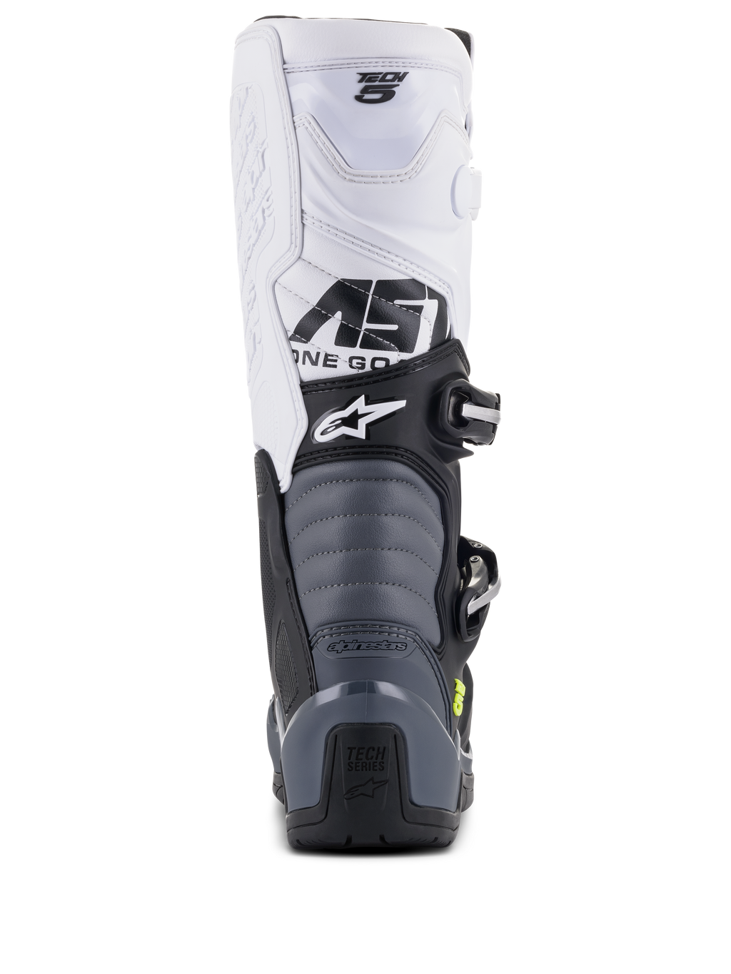 Alpinestars Tech 5-stövlar, motocross-stövlar, svart, mörkgrå och vit, vy bakifrån som visar vit ovandel med Tech 5-logotyp, grå dragspelsformade flexzoner och svart hälskydd med Tech Series-logotyp