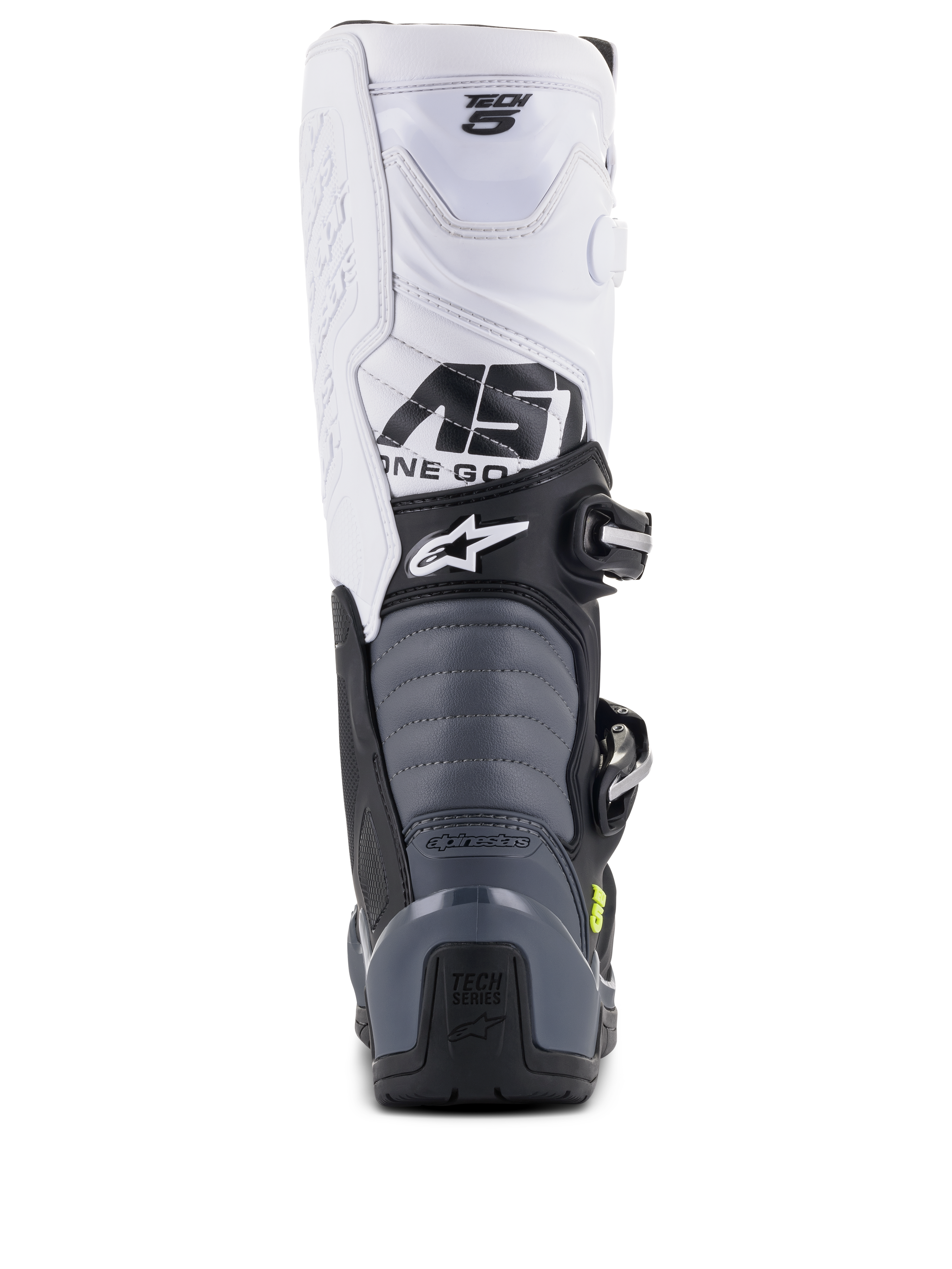 Alpinestars Tech 5-stövlar, motocross-stövlar, svart, mörkgrå och vit, vy bakifrån som visar vit ovandel med Tech 5-logotyp, grå dragspelsformade flexzoner och svart hälskydd med Tech Series-logotyp