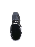 Alpinestars Tech 5 Boots, motocross-stövlar, svarta, mörkgrå och vita, vy uppifrån som blickar ner i stövelns öppning, visar den vadderade insidan och den mönstrade tåboxen, professionella skyddsskor för terrängkörning