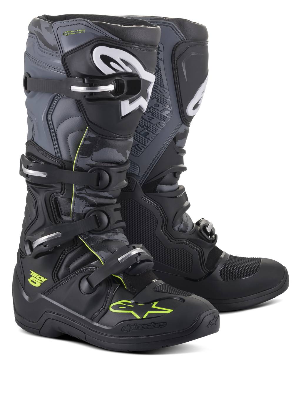 Alpinestars Tech 5-stövlar, motocross- och offroad-stövlar, svarta, cool gray och gul fluo, med ett stängningssystem med fyra spännen, vita logotyper på smalbenen och neongula detaljer, slitstark mikrofiberkonstruktion för terrängprestanda.
