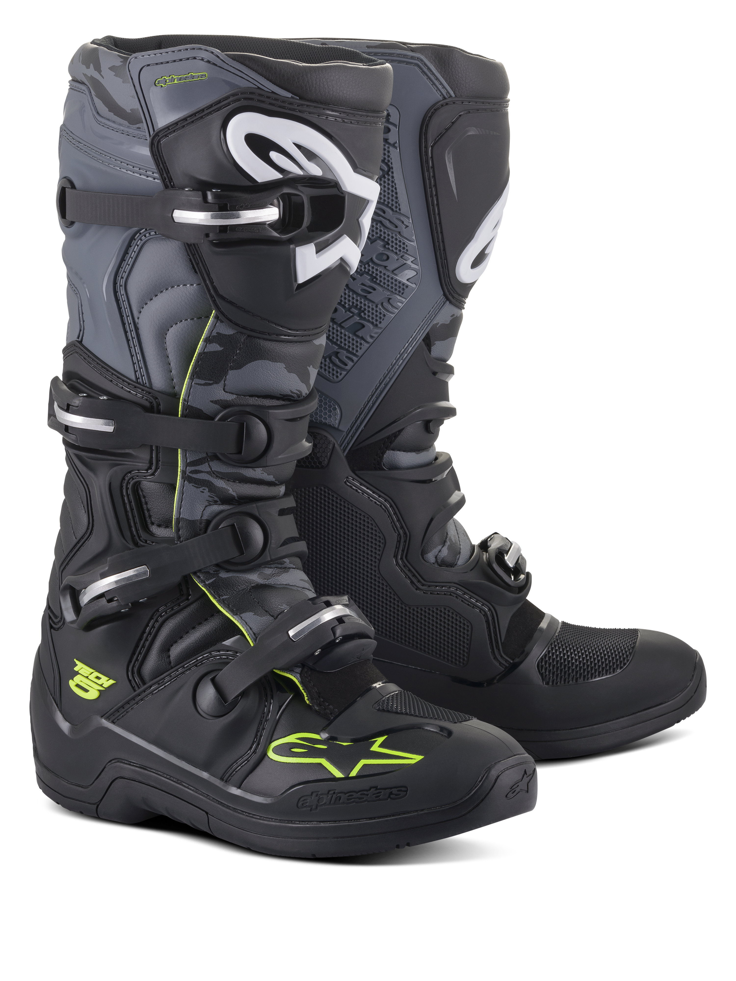 Alpinestars Tech 5-stövlar, motocross- och offroad-stövlar, svarta, cool gray och gul fluo, med ett stängningssystem med fyra spännen, vita logotyper på smalbenen och neongula detaljer, slitstark mikrofiberkonstruktion för terrängprestanda.