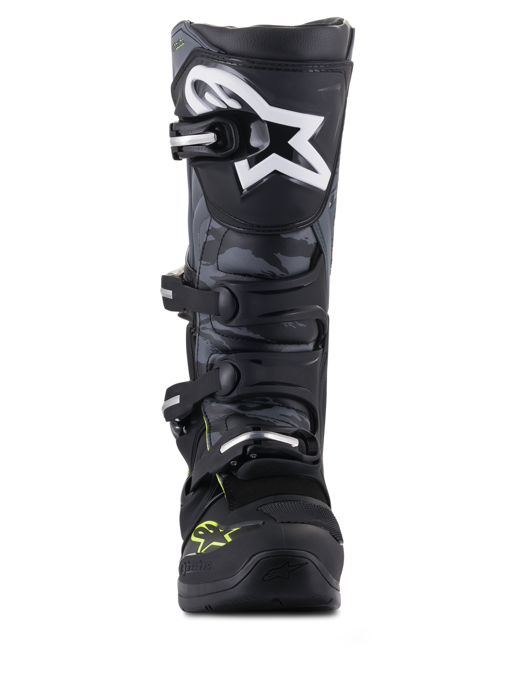 Alpinestars Tech 5 stövlar, svarta och kallgrå motocrossstövlar med gul fluo, vy framifrån med kamouflage och stjärnlogo.