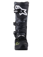 Alpinestars Tech 5 stövlar, svarta och kallgrå motocrossstövlar med gul fluo, vy framifrån med kamouflage och stjärnlogo.