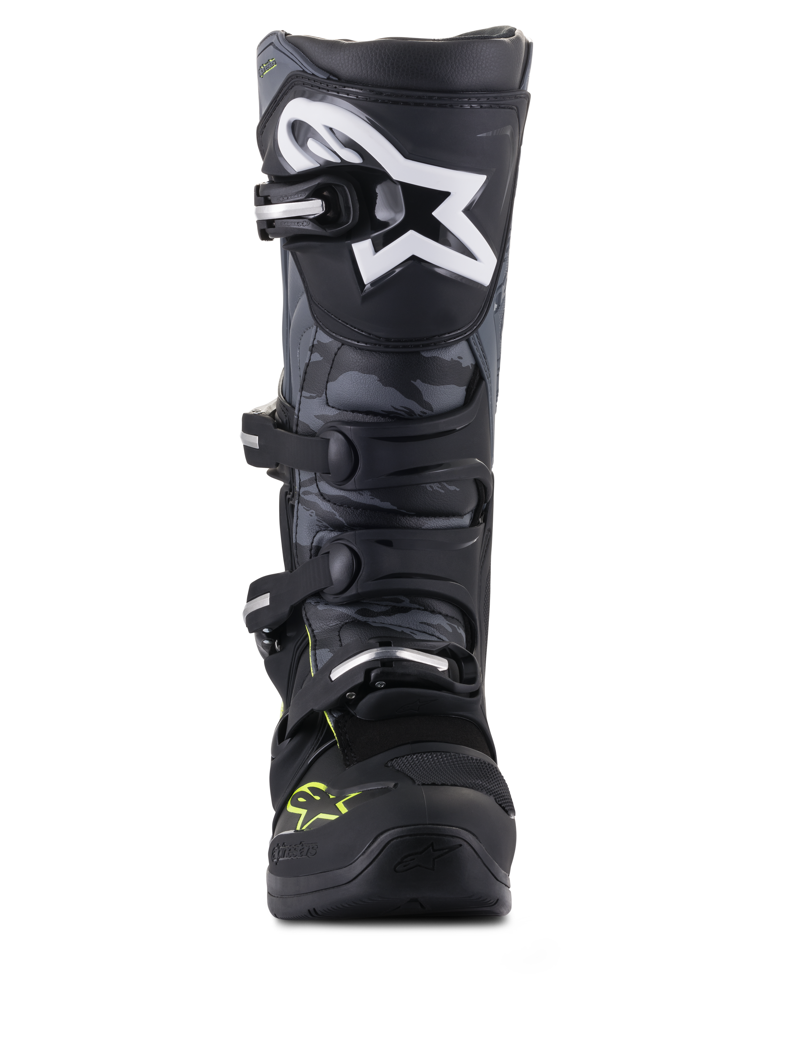 Alpinestars Tech 5 stövlar, svarta och kallgrå motocrossstövlar med gul fluo, vy framifrån med kamouflage och stjärnlogo.