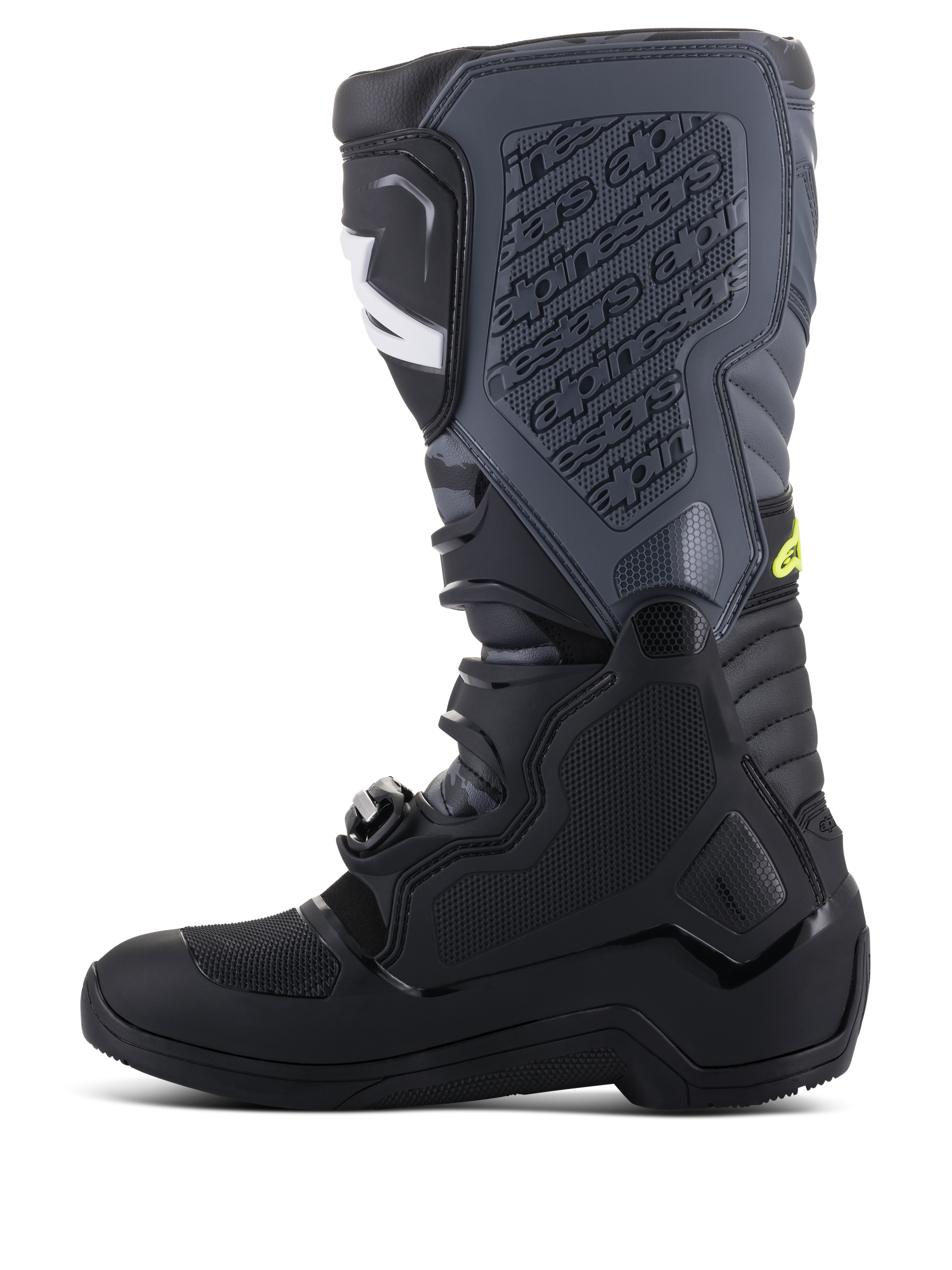 Alpinestars Tech 5 stövlar, motocross-stövlar, svarta och Cool Gray med Yellow Fluo-detaljer, sidoprofil som visar hög multipanelkonstruktion, spännsystem och texturerad skenbensplatta med präglad logotyp, terrängskor för racing