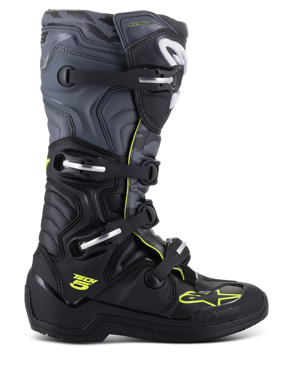 Alpinestars Tech 5 stövlar, motocross- och offroad-stövlar, profilvy från sidan, svart och cool grå med neongula detaljer, kamouflagemönster, justerbara spännen och robust skyddande sula.