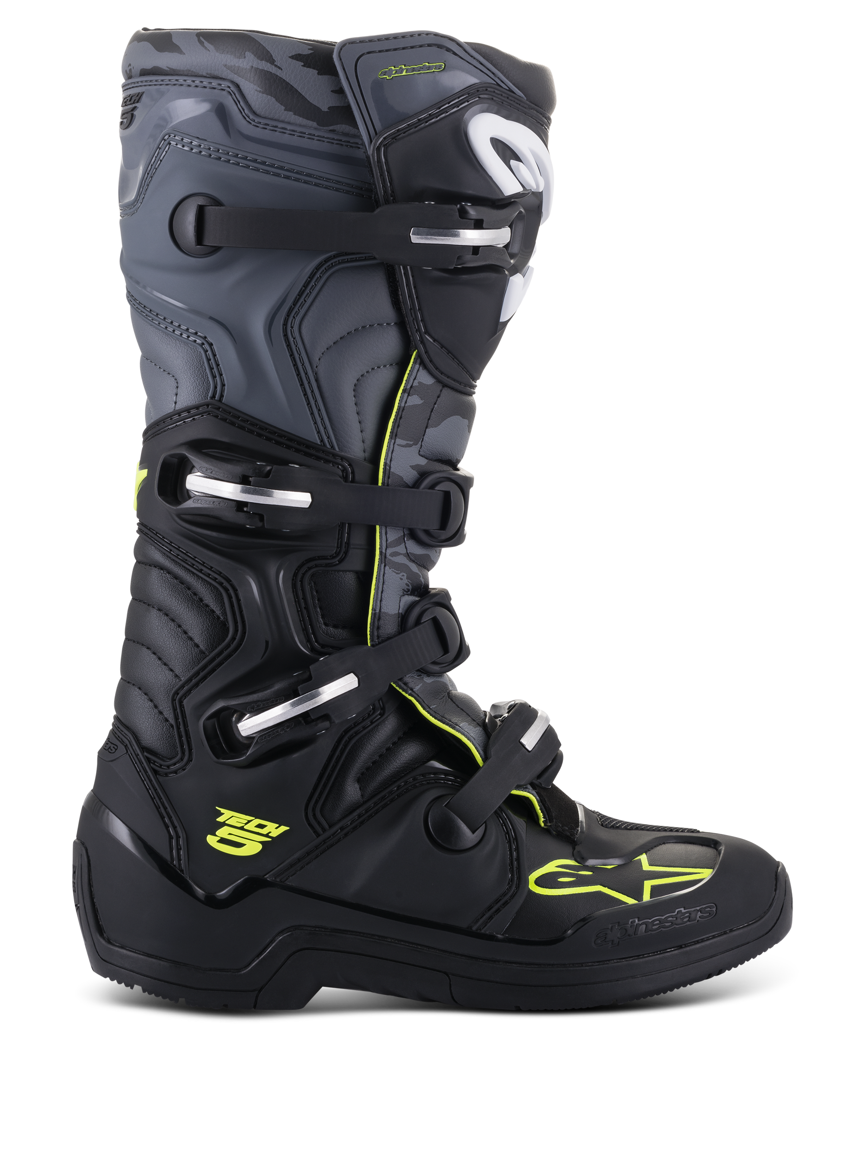 Alpinestars Tech 5 stövlar, motocross- och offroad-stövlar, profilvy från sidan, svart och cool grå med neongula detaljer, kamouflagemönster, justerbara spännen och robust skyddande sula.