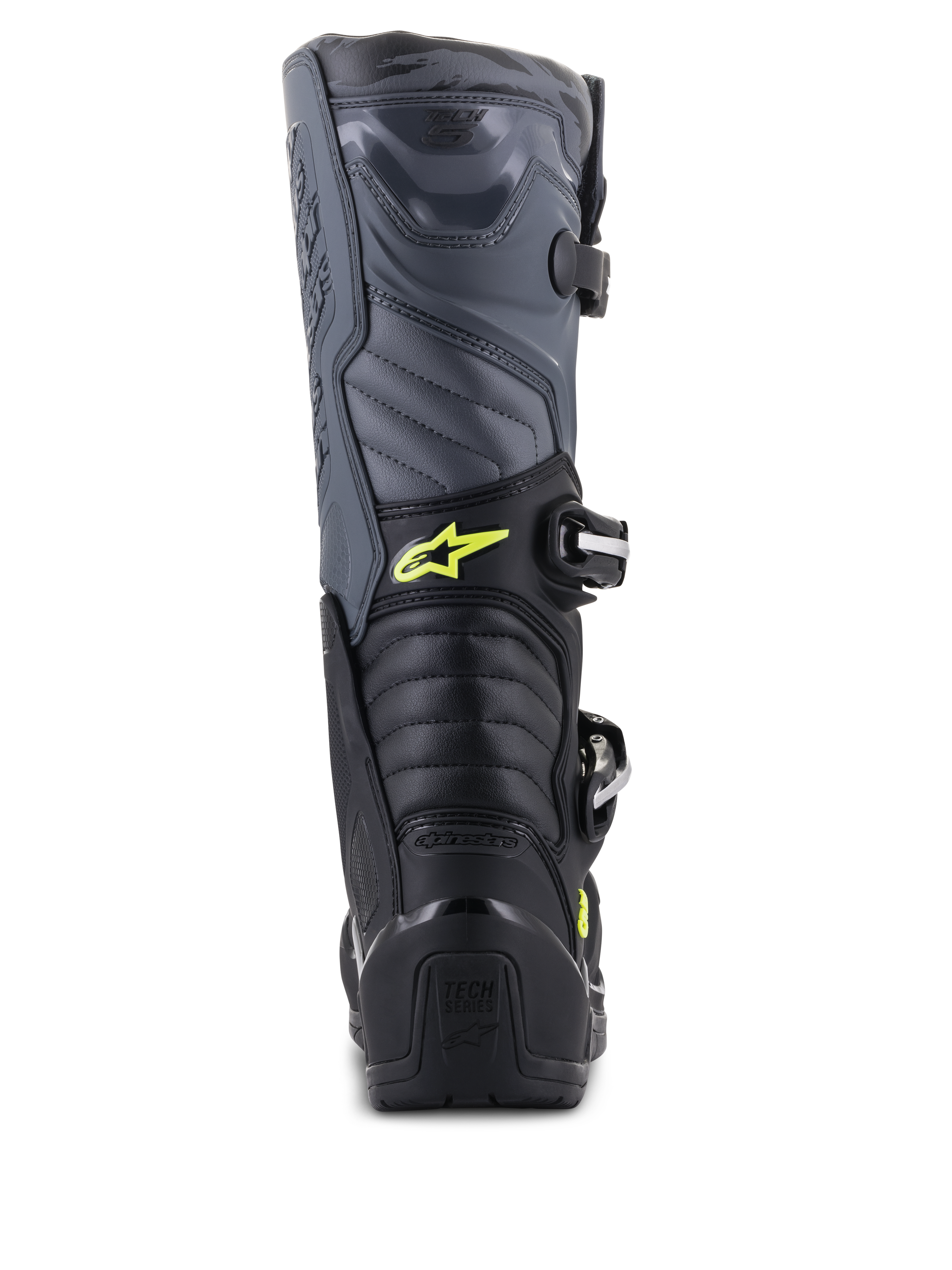 Alpinestars Tech 5-stövlar, motocross-stövlar, svarta, kalla grå och neongula, vy bakifrån som visar dragspelsflexzoner och hälskydd, gul Astars-logotyp och präglad Tech Series-logotyp, hållbar multimaterialkonstruktion för offroad-prestanda