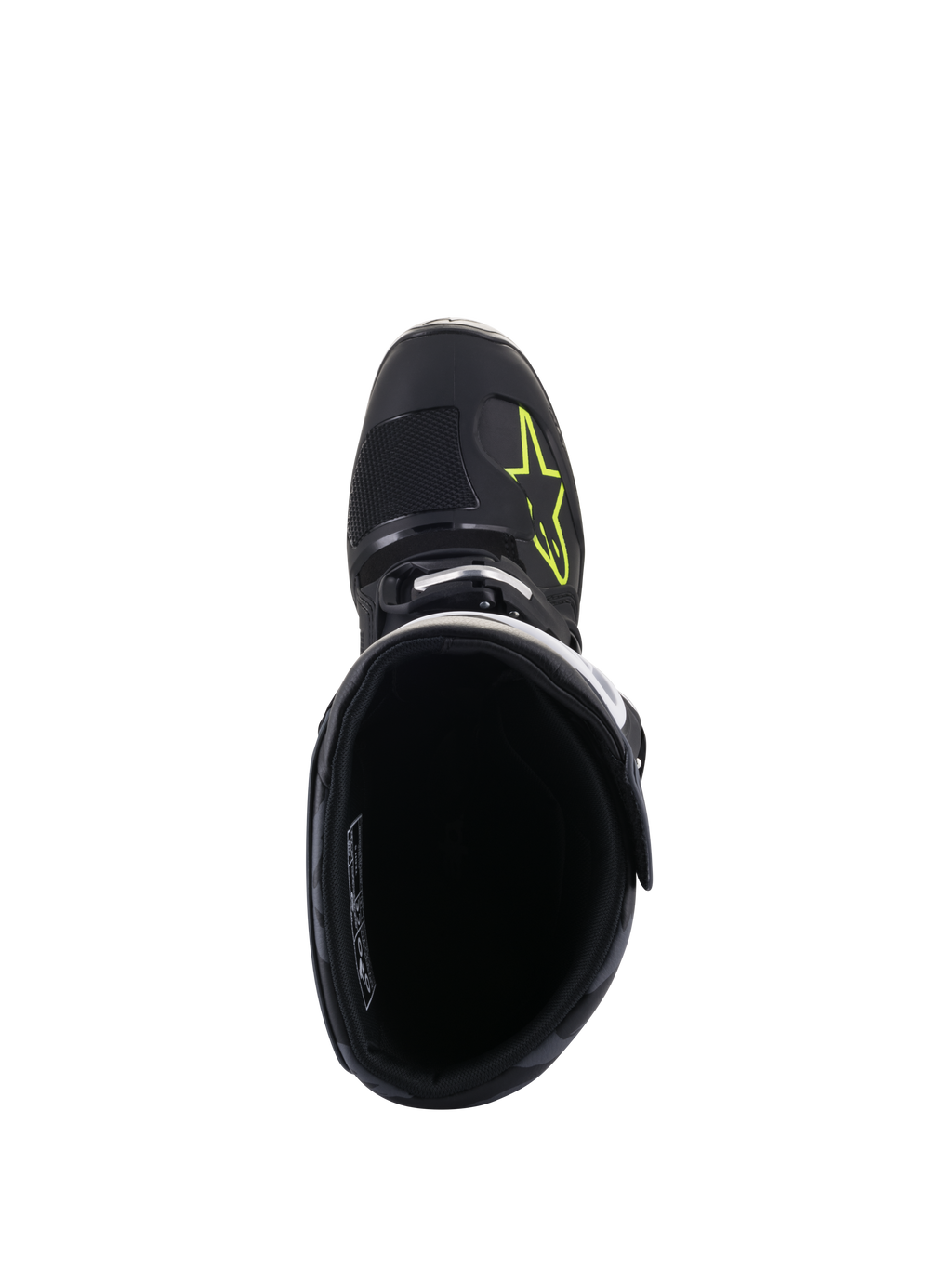 Alpinestars Tech 5-stövlar, vy uppifrån, svarta med gul fluor-logotyp på tåboxen, visar det inre fodret och spännstängningen, högpresterande skor för motocross och offroad