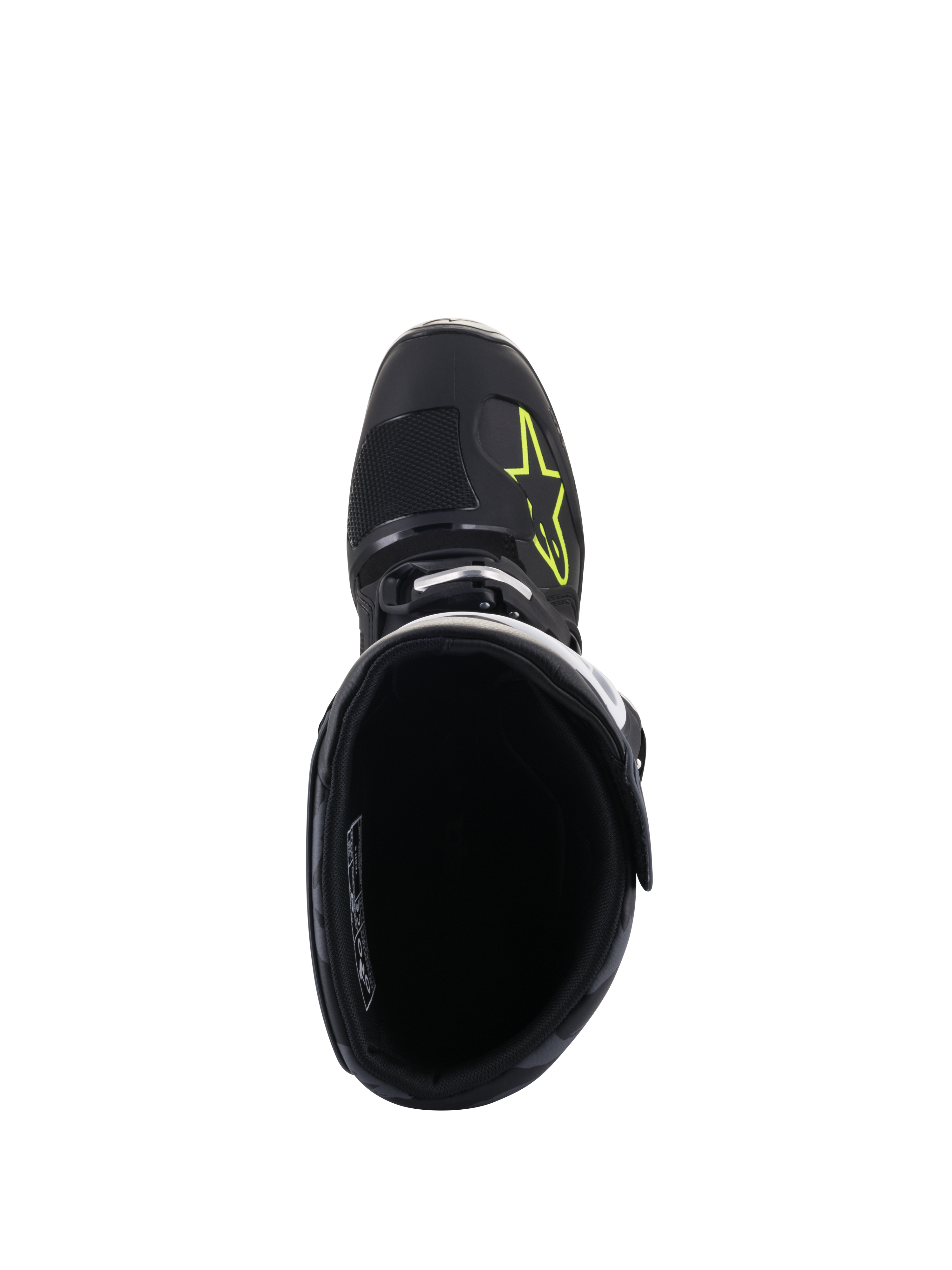 Alpinestars Tech 5-stövlar, vy uppifrån, svarta med gul fluor-logotyp på tåboxen, visar det inre fodret och spännstängningen, högpresterande skor för motocross och offroad