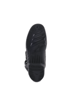 Alpinestars Tech 5-stövlar, vy underifrån av sulan, svart gummi med texturerade greppmönster, Alpinestars stjärnlogotyp och varumärke, slitstark design för grepp vid motocross och terrängkörning