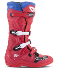 Alpinestars Tech 5 Boots, Motocross Racing Boots, Bright Red and Alpine Blue, side profile with four-buckle closure system, reinforced toe box with black panel and white logo, durable microfiber chassis for off-road protection