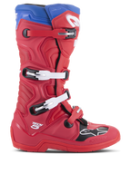 Alpinestars Tech 5 Boots, Motocross Racing Boots, Bright Red and Alpine Blue, side profile with four-buckle closure system, reinforced toe box with black panel and white logo, durable microfiber chassis for off-road protection
