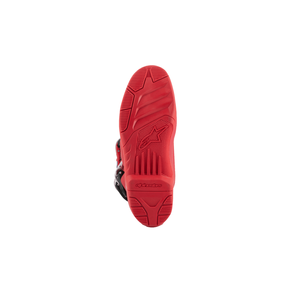 Alpinestars Tech 5 Boots, Motocross Boots, bottom view showing the Bright Red sole, textured dual compound tread pattern with embossed Alpinestars logo and branding, designed for off-road performance