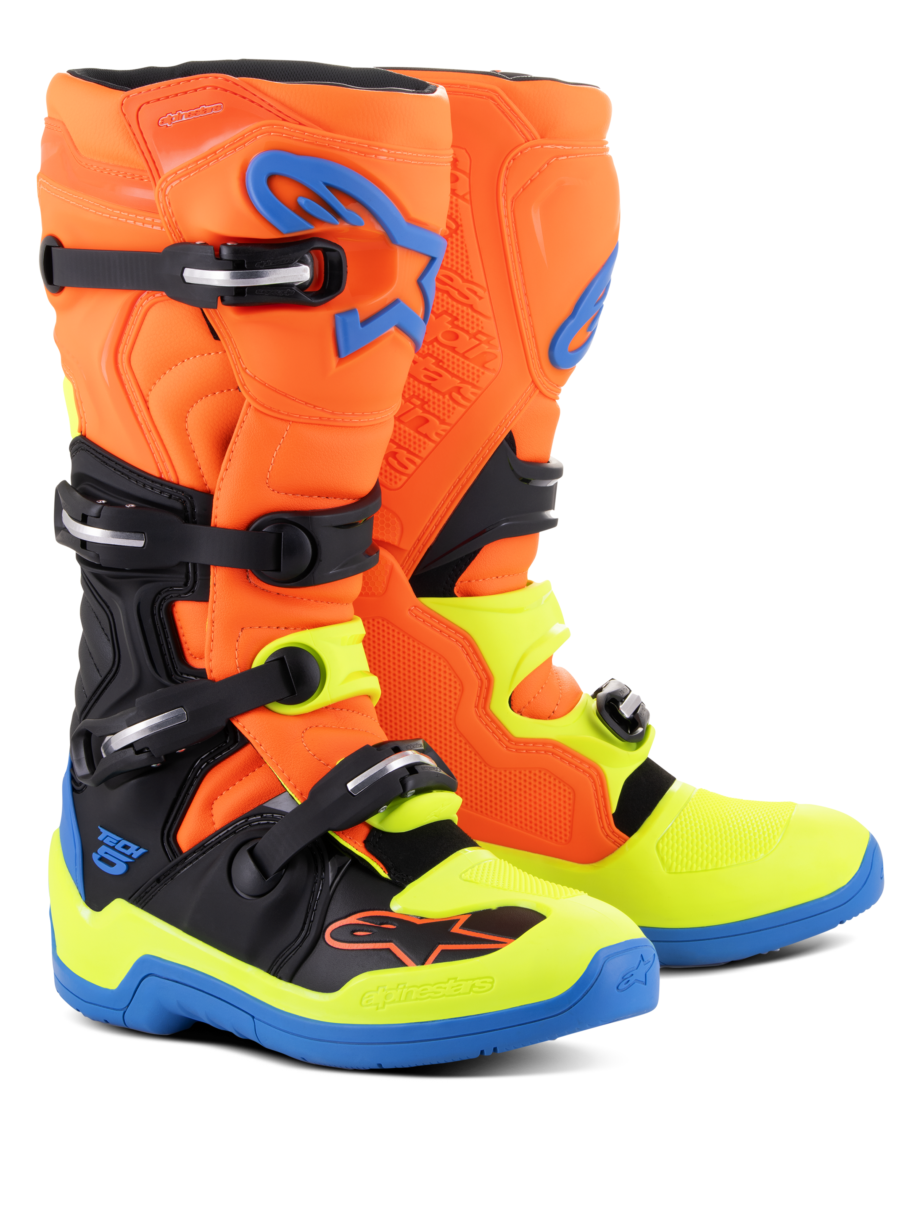 Alpinestars Tech 5 Boots, Motocross Boots, Orange Fluo, Enamel Blue and Yellow Fluo, featuring a four-buckle closure system, biomechanical pivot for stability, and bright multi-color design for off-road riding