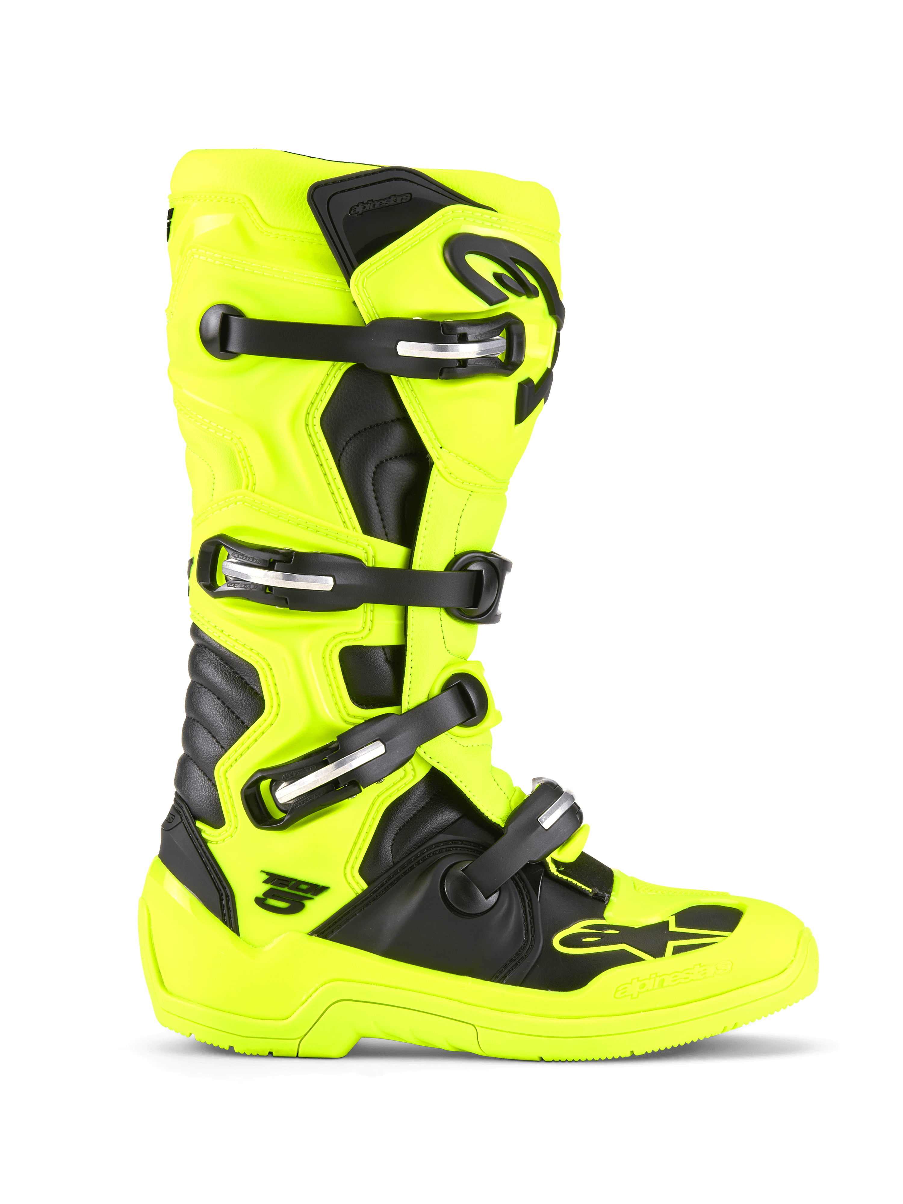 Alpinestars Tech 5 stövlar, motocross- och offroadstövlar, neongula och svarta, stängningssystem med fyra spännen, skyddande TPU-skal, biomekanisk pivot-design, slitstark sula för racing